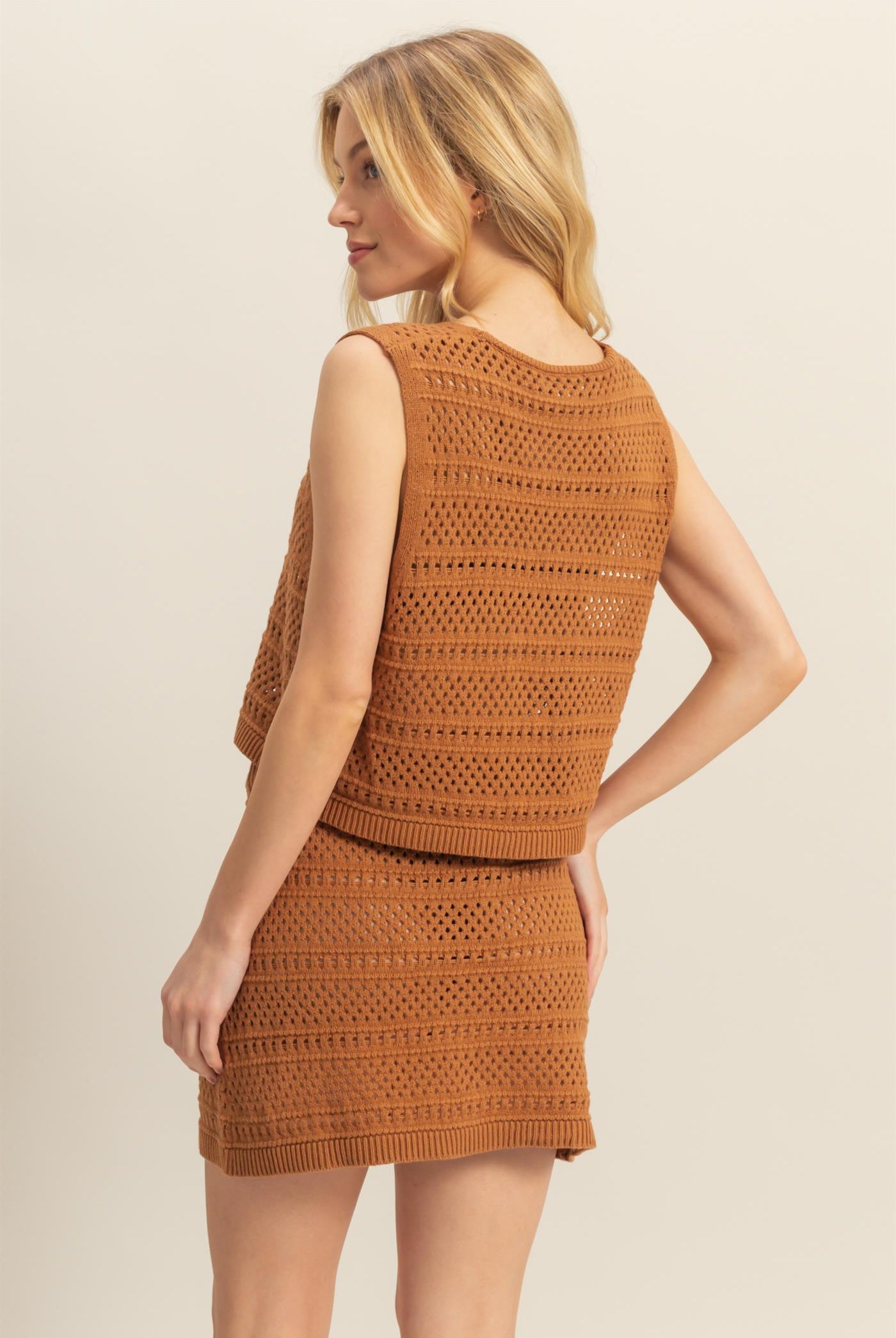 Wholesale Ribbon Tie Sleeveless Top And Skirt Crochet Set Clothing HF25C662-SET CAMEL HYFVE
