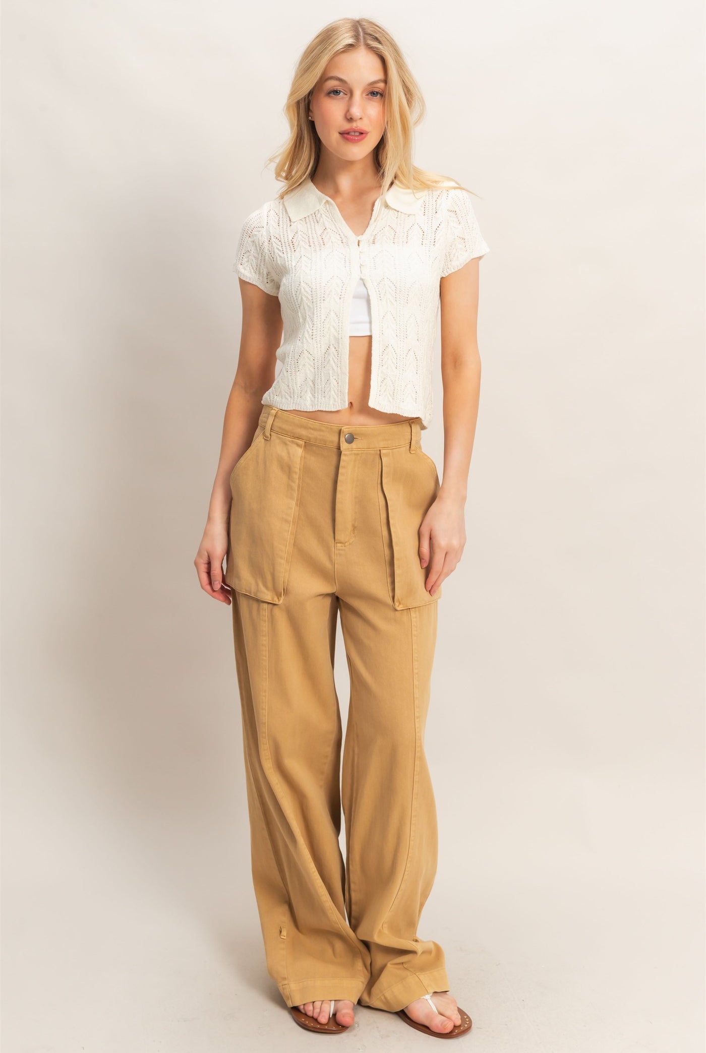 Wholesale Pointelle Knit Collared Cardigan Clothing Tops HF26A856 IVORY HYFVE