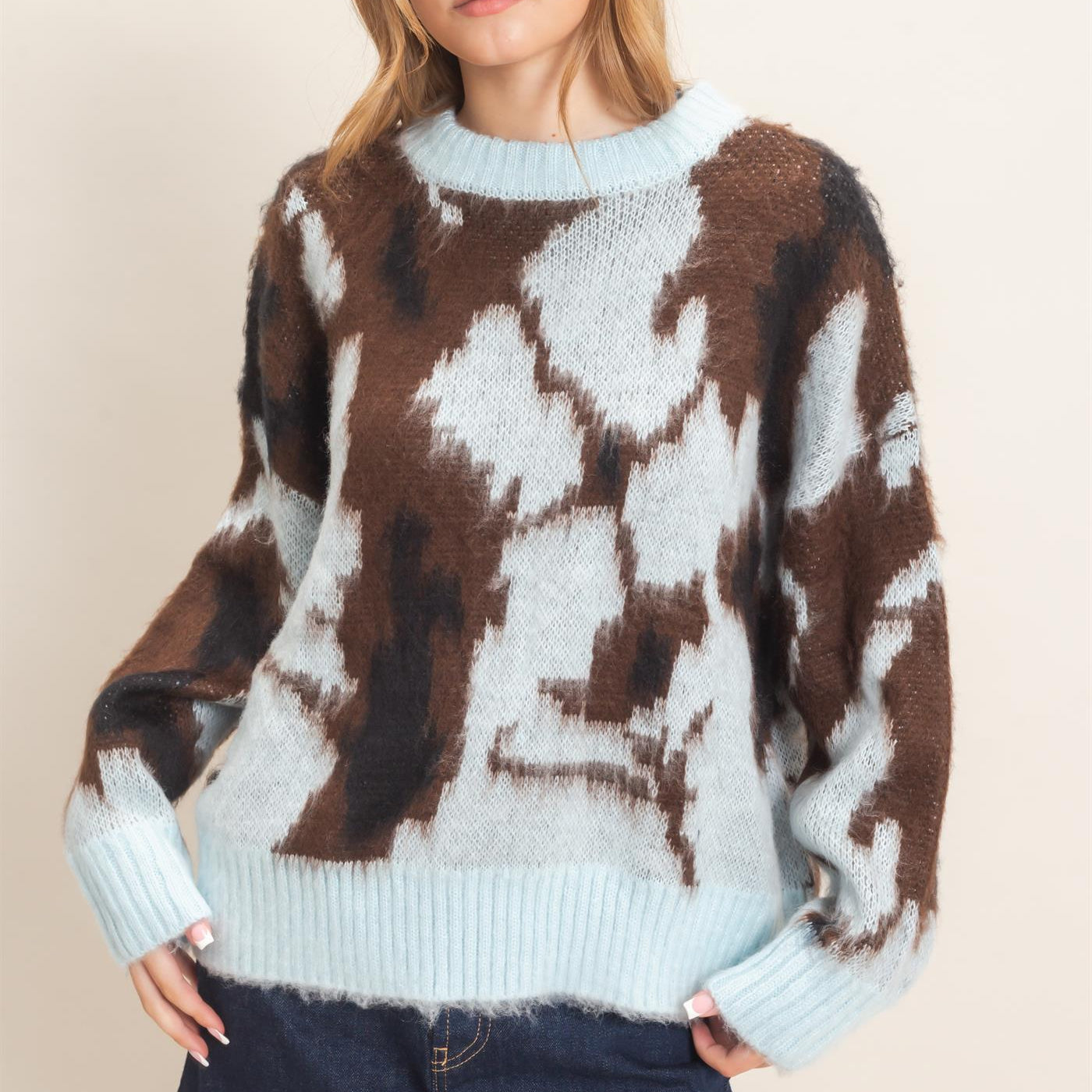 Wholesale Abstract Jacquard Mock Neck Sweater Sweaters HF26E663 BLUE HYFVE