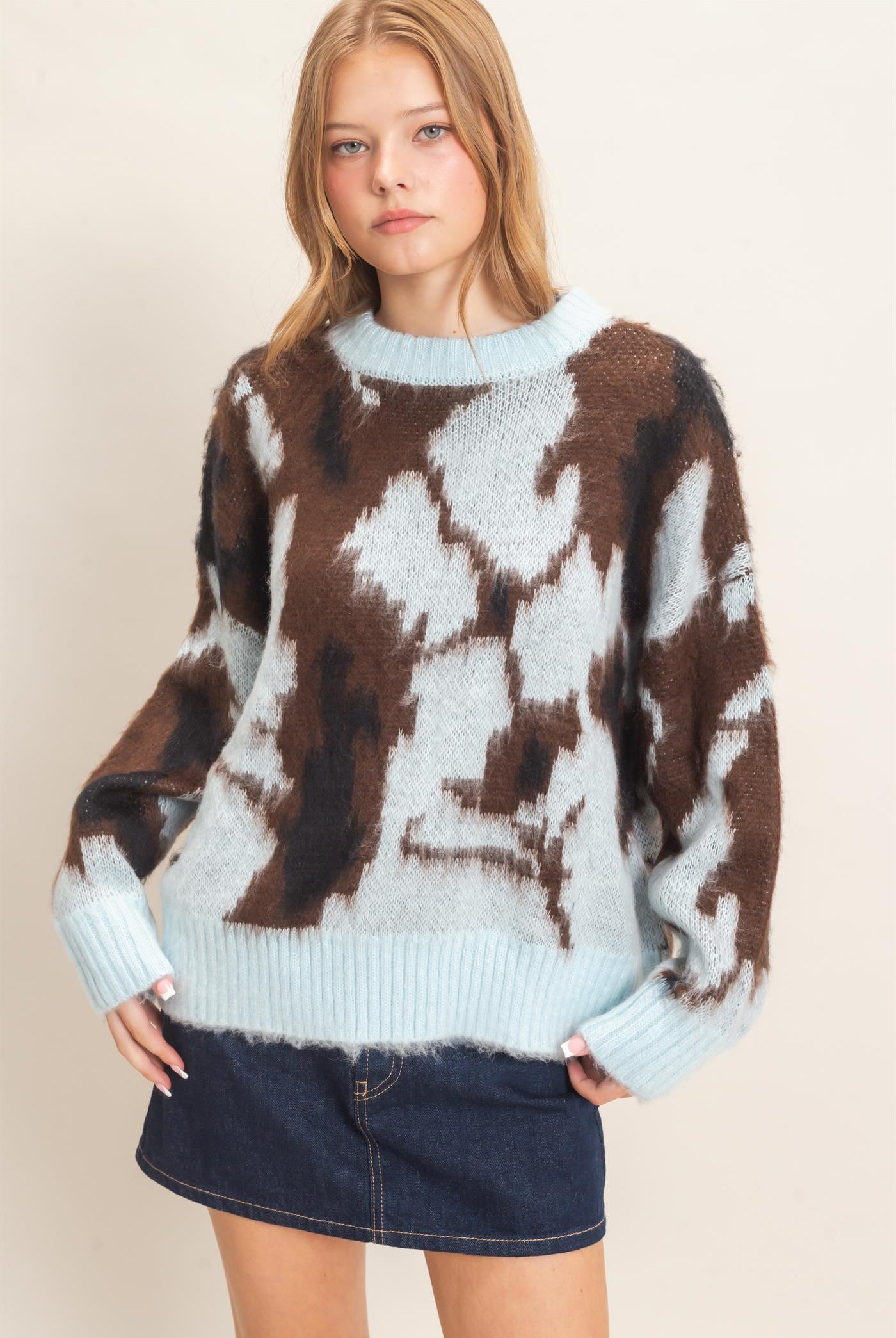 Wholesale Abstract Jacquard Mock Neck Sweater Sweaters HF26E663 BLUE HYFVE