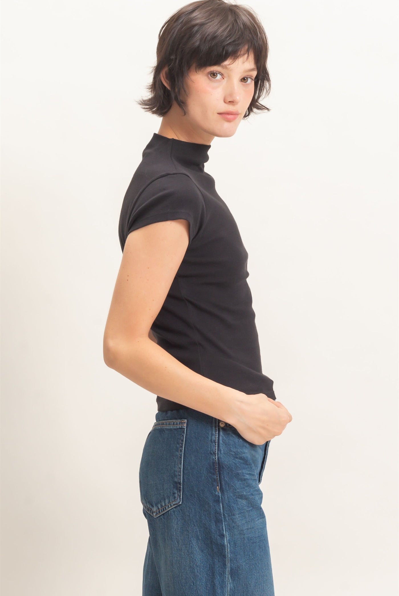 Wholesale Mock Neck Cap Sleeve Top Clothing Tops DZ26E323 BLACK DOUBLE ZERO