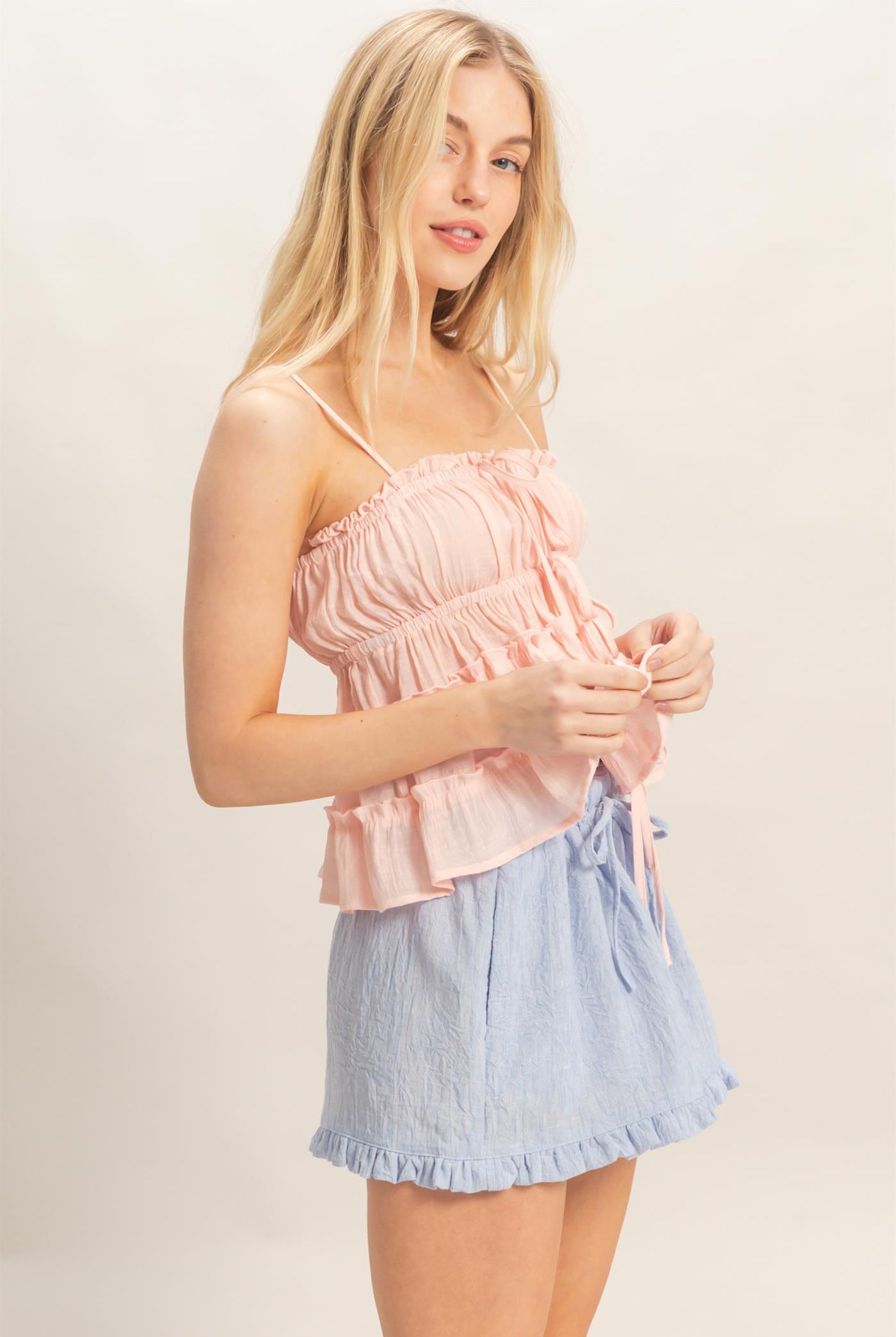 Wholesale Ruffled Tie-Front Cami Camisoles HF26C309-D BLUSH HYFVE