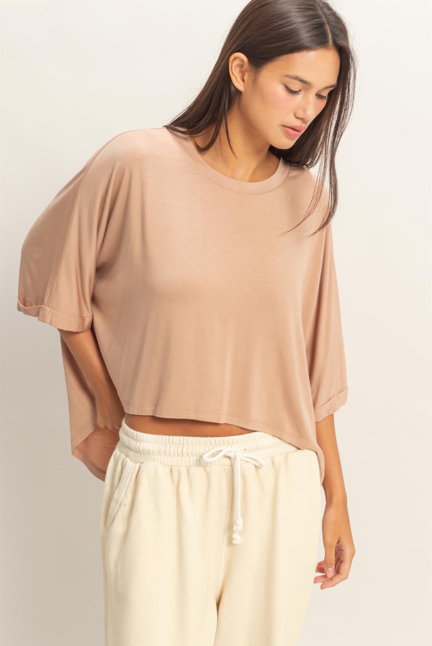 Wholesale Relaxed High-Low Batwing Sleeve Top Shirts DZ26A742 DARK TAUPE DOUBLE ZERO