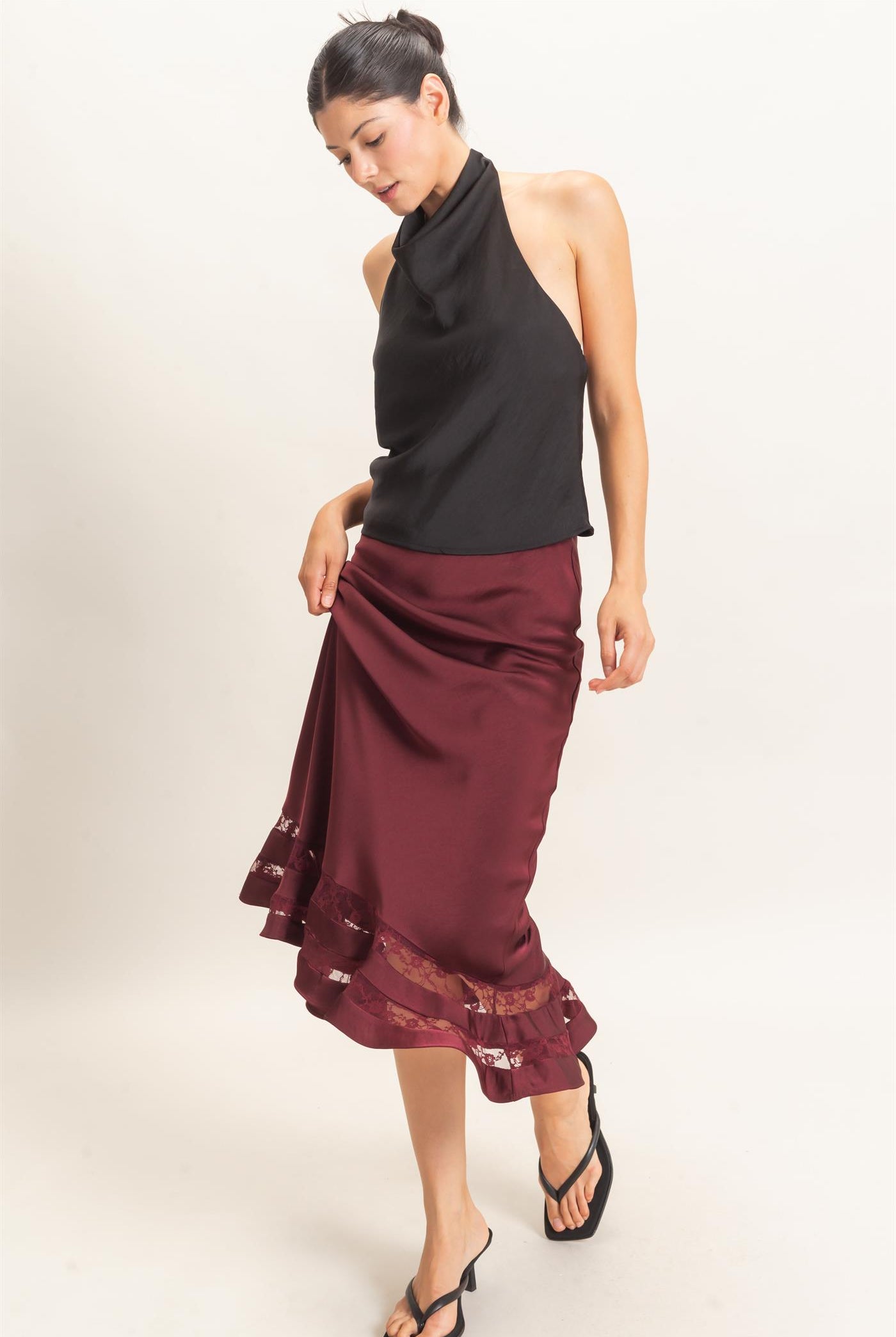 Wholesale Draped Halter Satin Top Blouses HF26E632 BLACK HYFVE