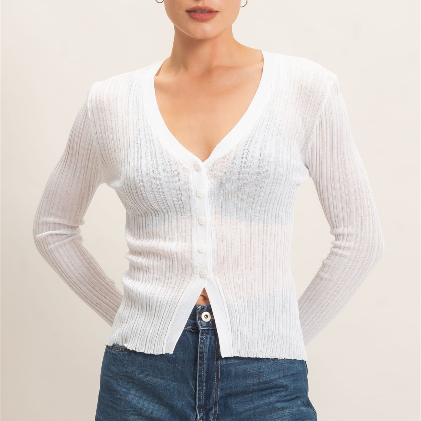 Wholesale Ribbed V-Neck Cardigan Cardigans HF26E154 WARM WHITE HYFVE