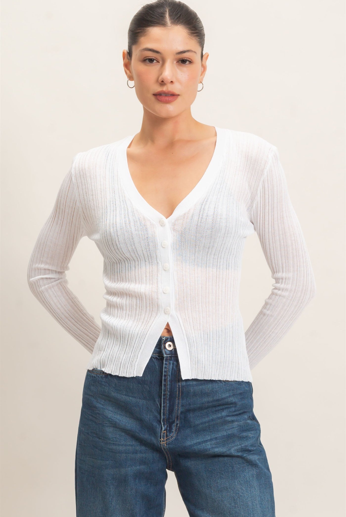Wholesale Ribbed V-Neck Cardigan Cardigans HF26E154 WARM WHITE HYFVE