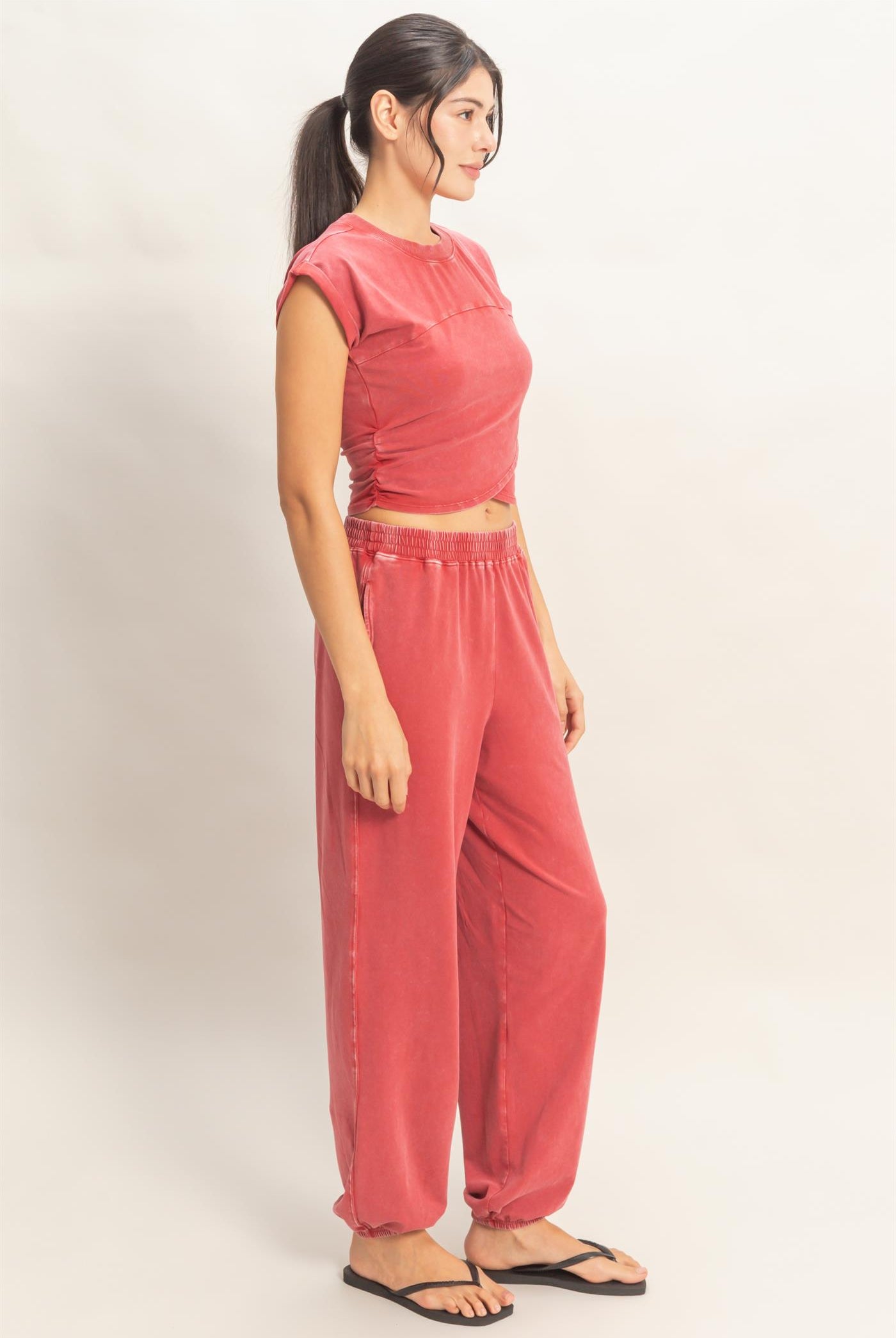 Wholesale Rolled Sleeve Wrap-Front Crop Top And Jogger Set Clothing DZ26A172-SET DARK RED DOUBLE ZERO