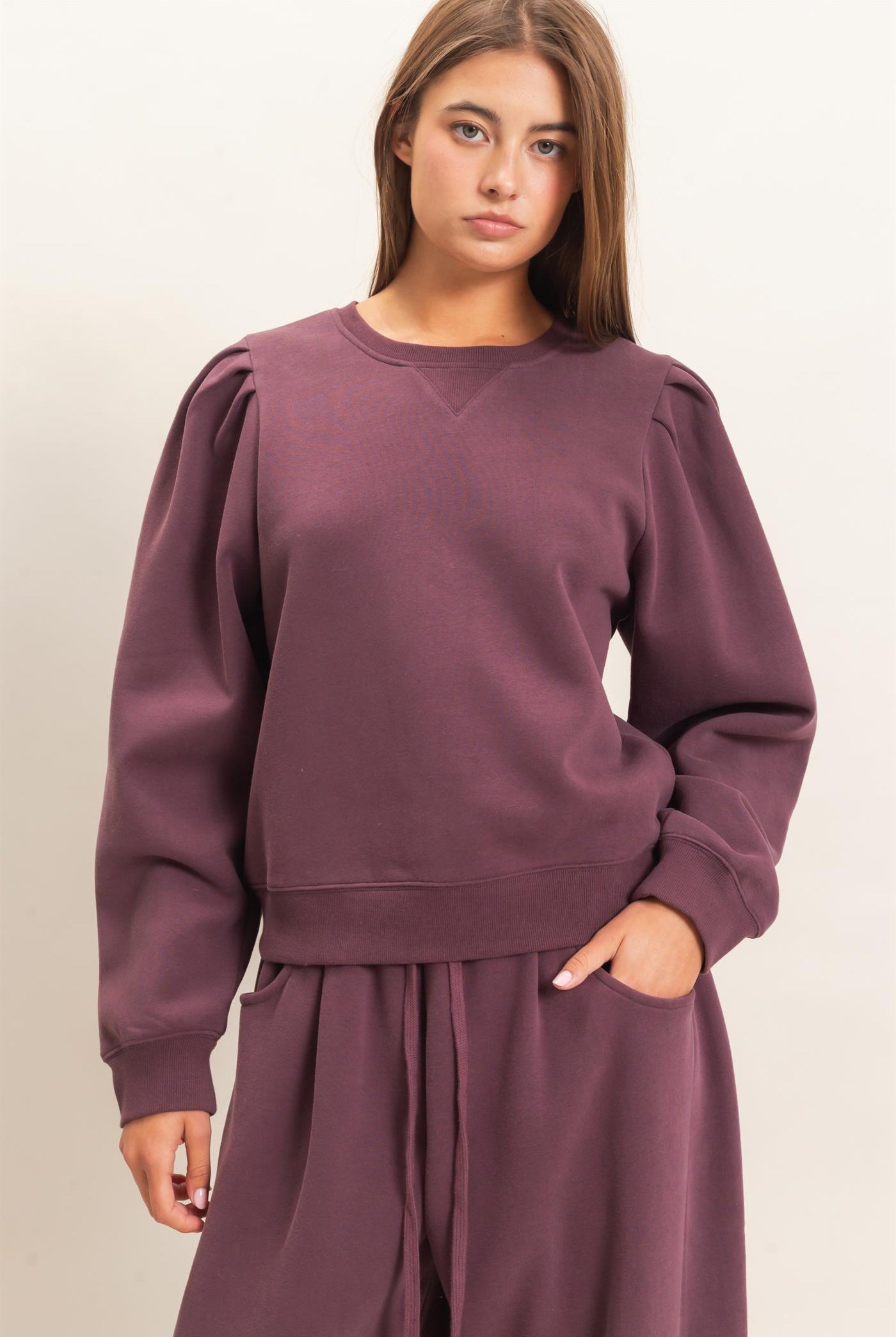 Wholesale Puff Sleeve Crew Neck Sweatshirt Sweatshirts DZ26E110 COCOA DOUBLE ZERO