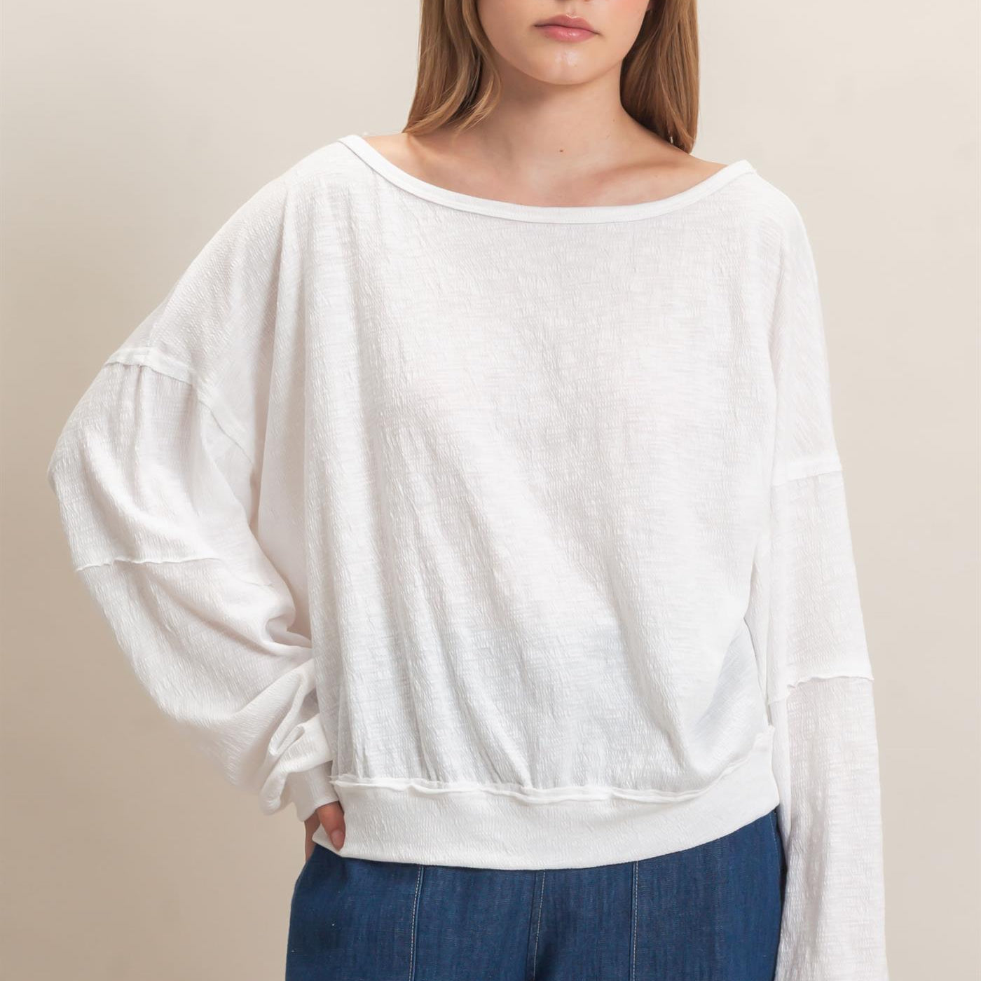 Wholesale Relaxed Boat Neck Long Sleeve Top Clothing Tops HF25F340 WHITE HYFVE