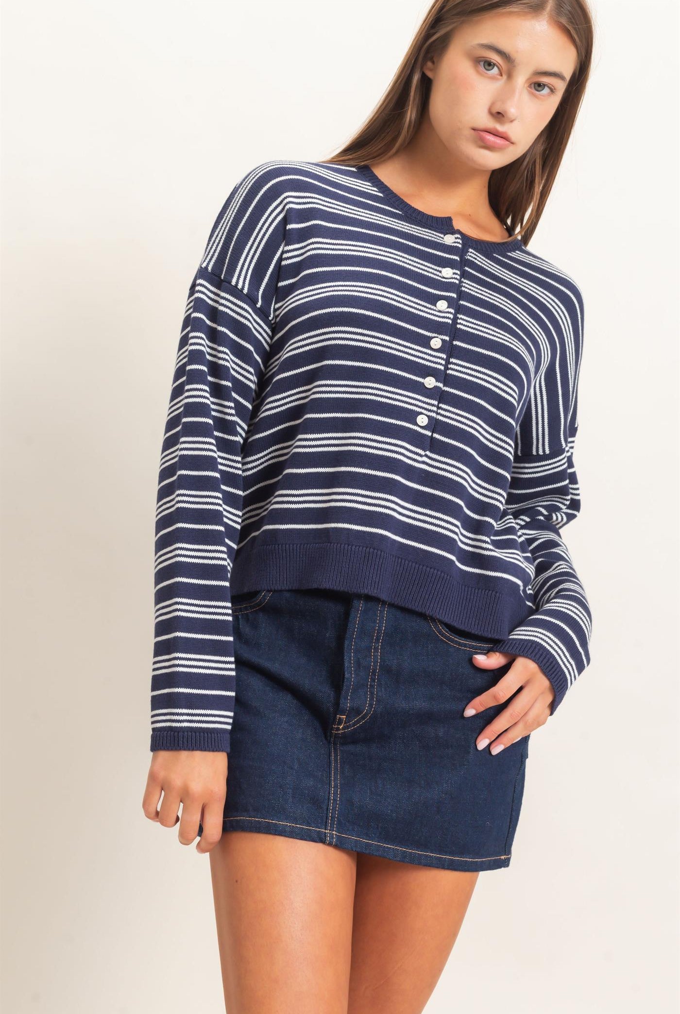 Wholesale Striped Henley Sweater Sweaters DZ26E113 NAVY DOUBLE ZERO