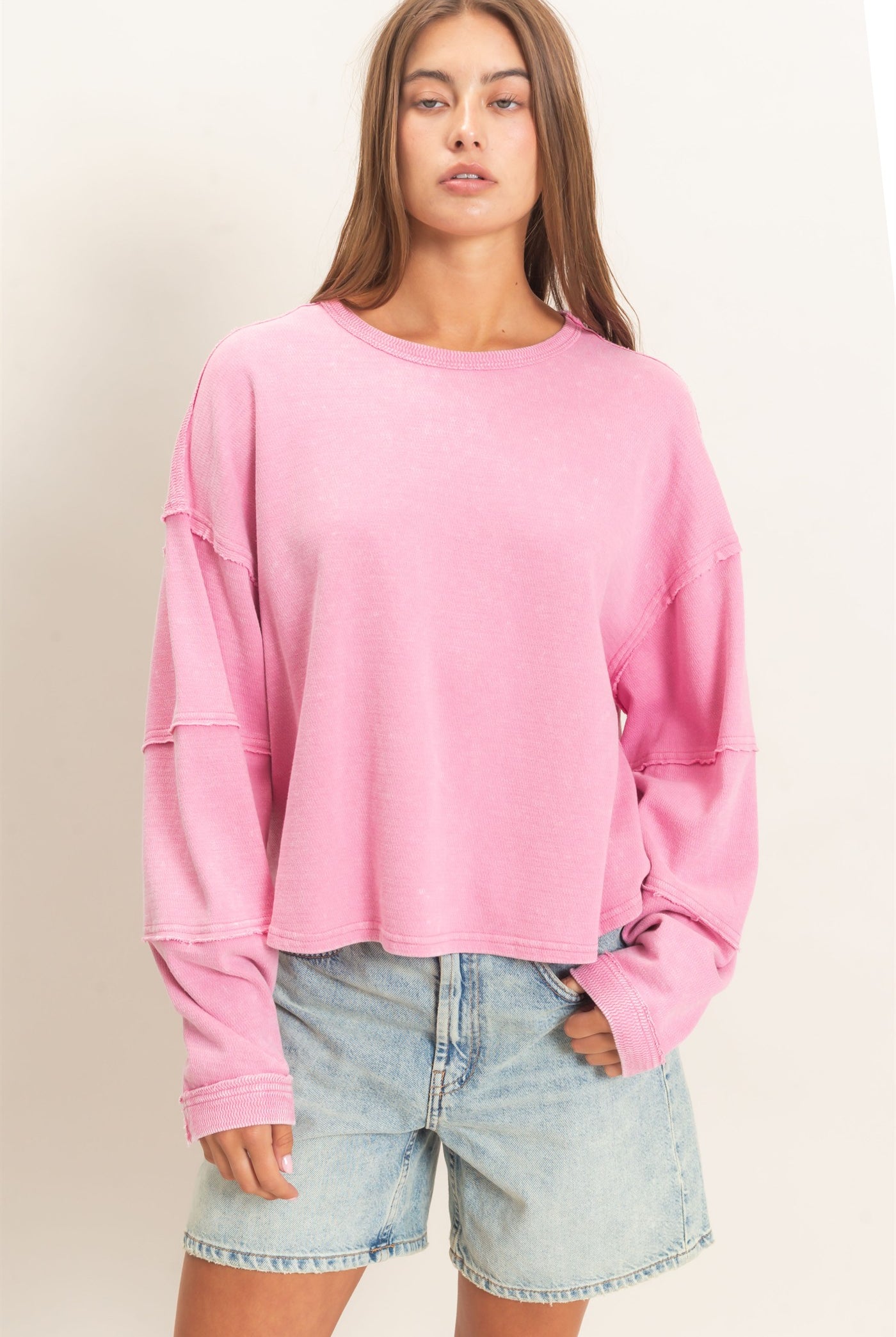 Wholesale Mineral Wash Overzised Raw Edge Crew Neck Top Clothing Tops DZ26E449 PINK DOUBLE ZERO