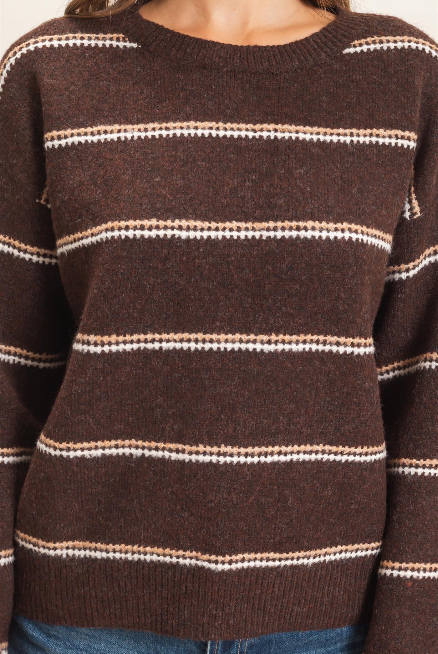 Wholesale Striped Crew Neck Sweater Sweaters HF26E696-D BROWN HYFVE