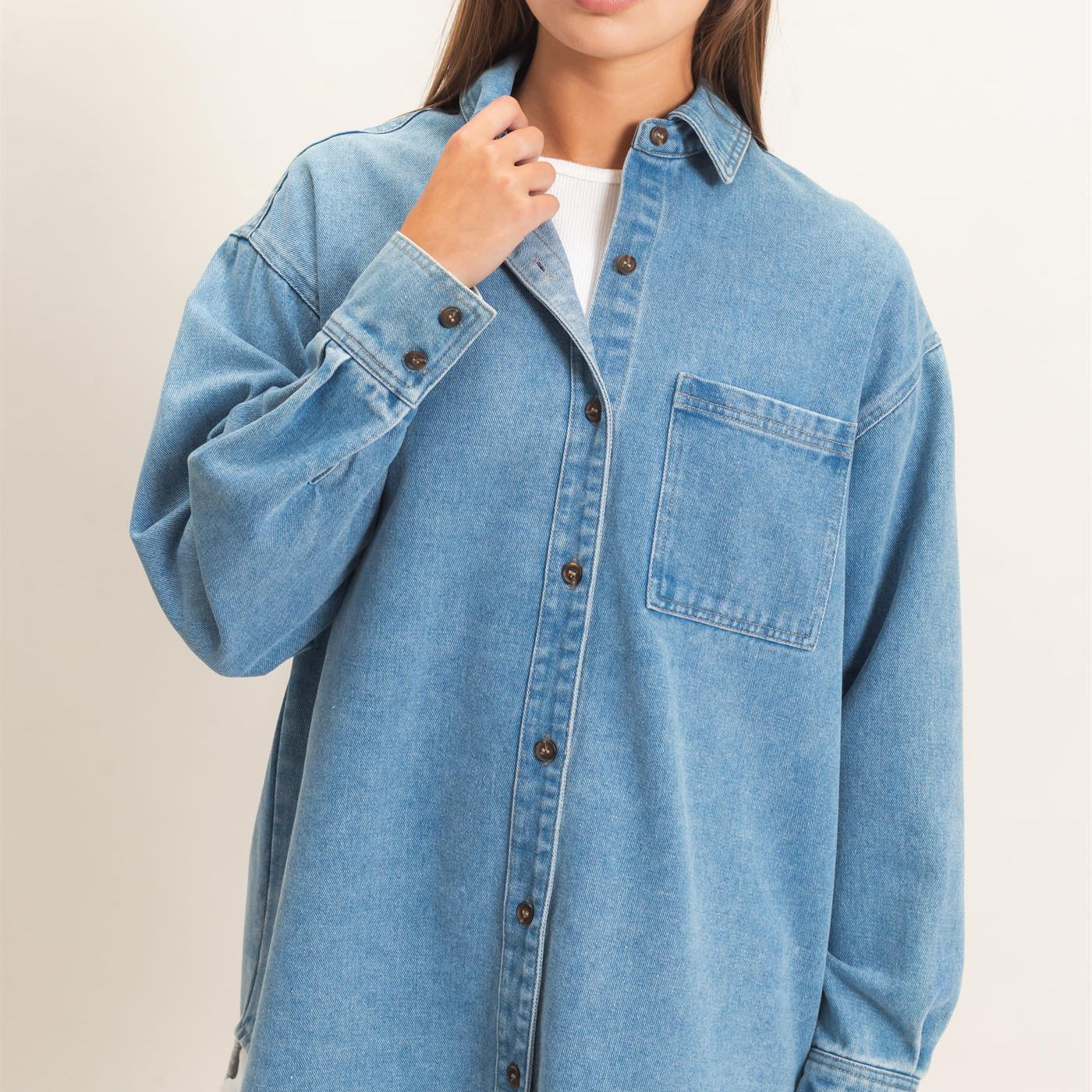 Wholesale Denim Button-Up Collar Shirt Clothing Tops DZ26F410 MEDIUM BLUE DOUBLE ZERO