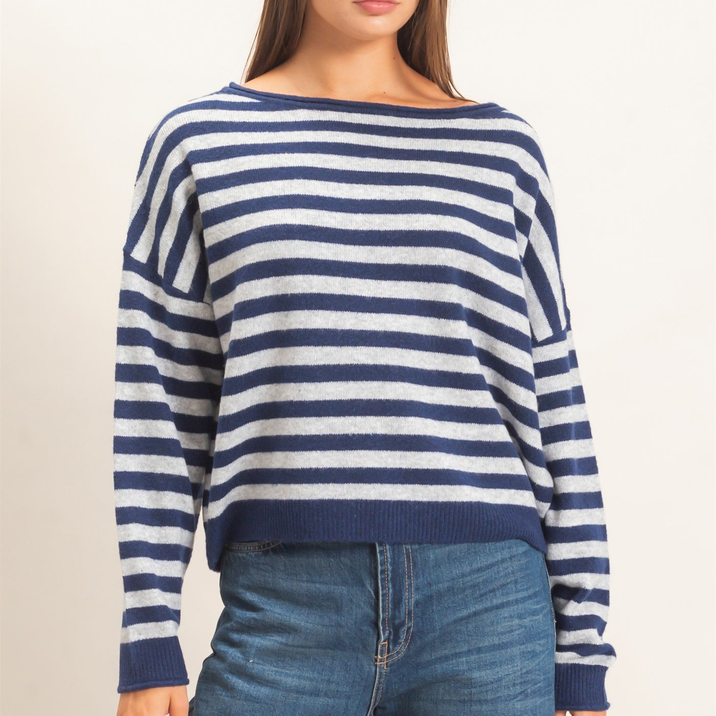 Wholesale Off The Shoulder Striped Sweater Sweaters DZ26E653 NAVY DOUBLE ZERO