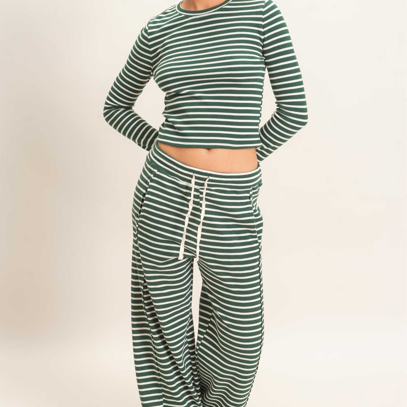 Wholesale Striped Waffle Long Sleeve Top & Pants Set Clothing DZ25F479-SET DARK GREEN DOUBLE ZERO
