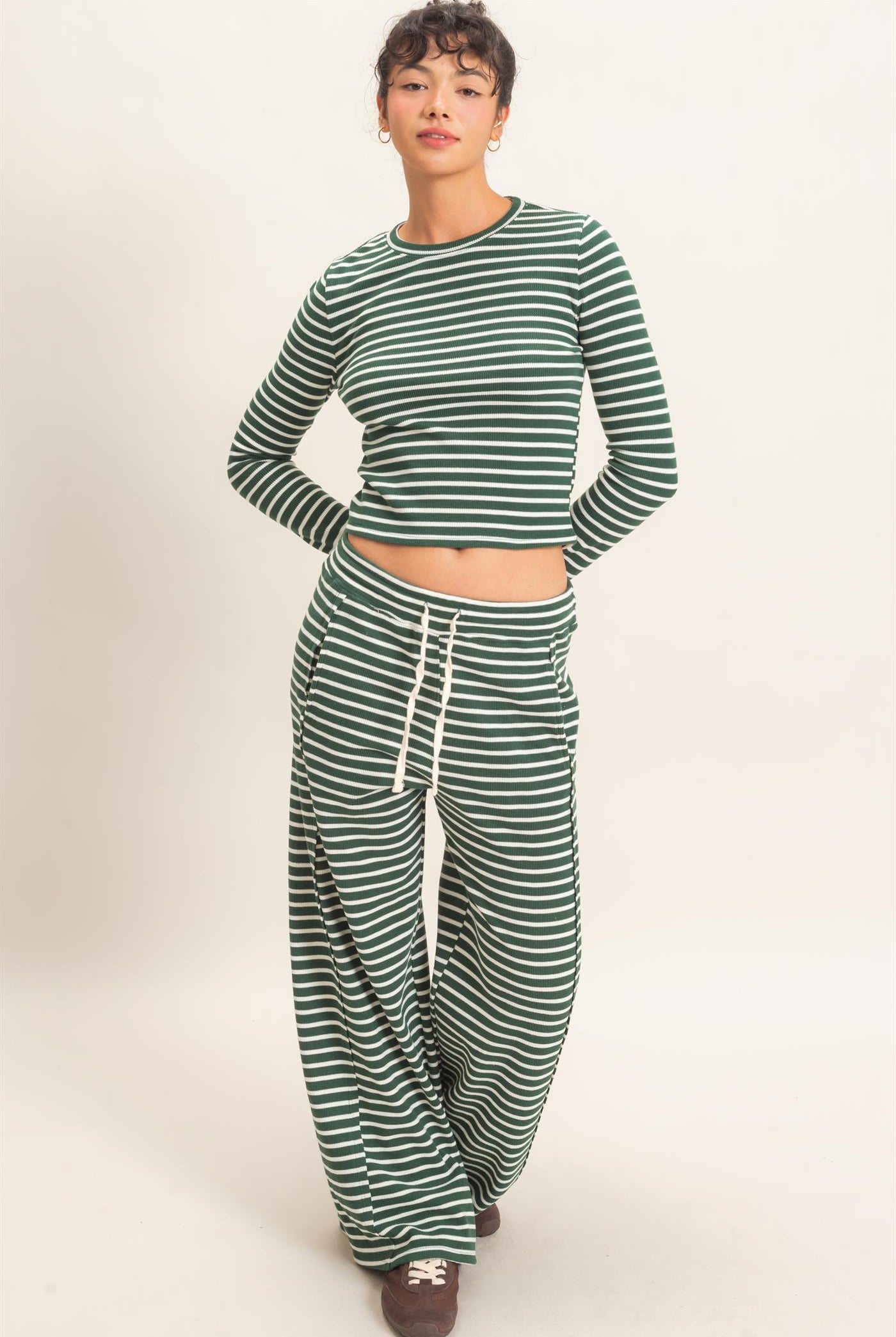 Wholesale Striped Waffle Long Sleeve Top & Pants Set Clothing DZ25F479-SET DARK GREEN DOUBLE ZERO