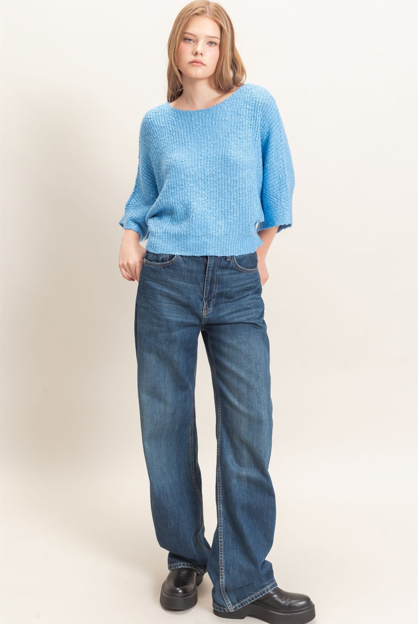 Wholesale Ribbed Boat Neck Sweater Sweaters HF26F201 BLUE HYFVE