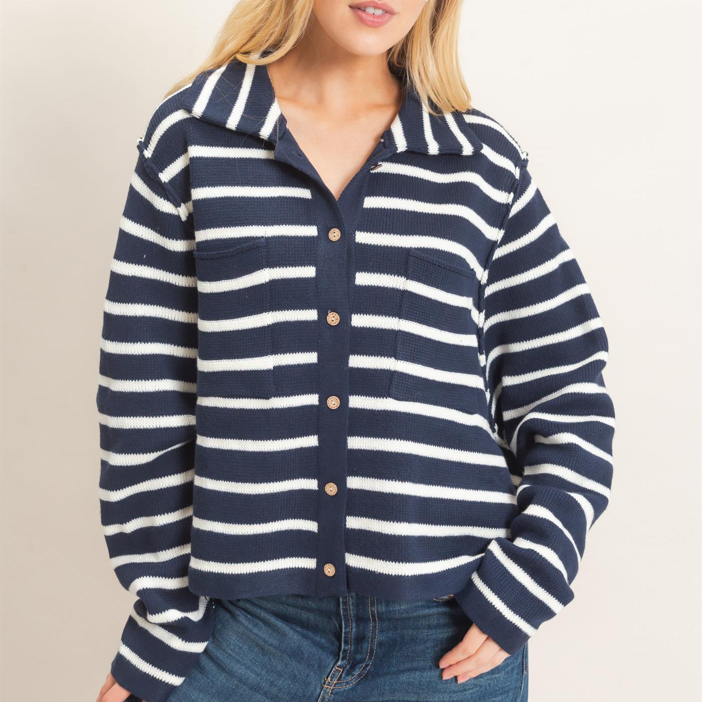 Wholesale Striped Button Front Cardigan Sweaters HF26F197 NAVY HYFVE