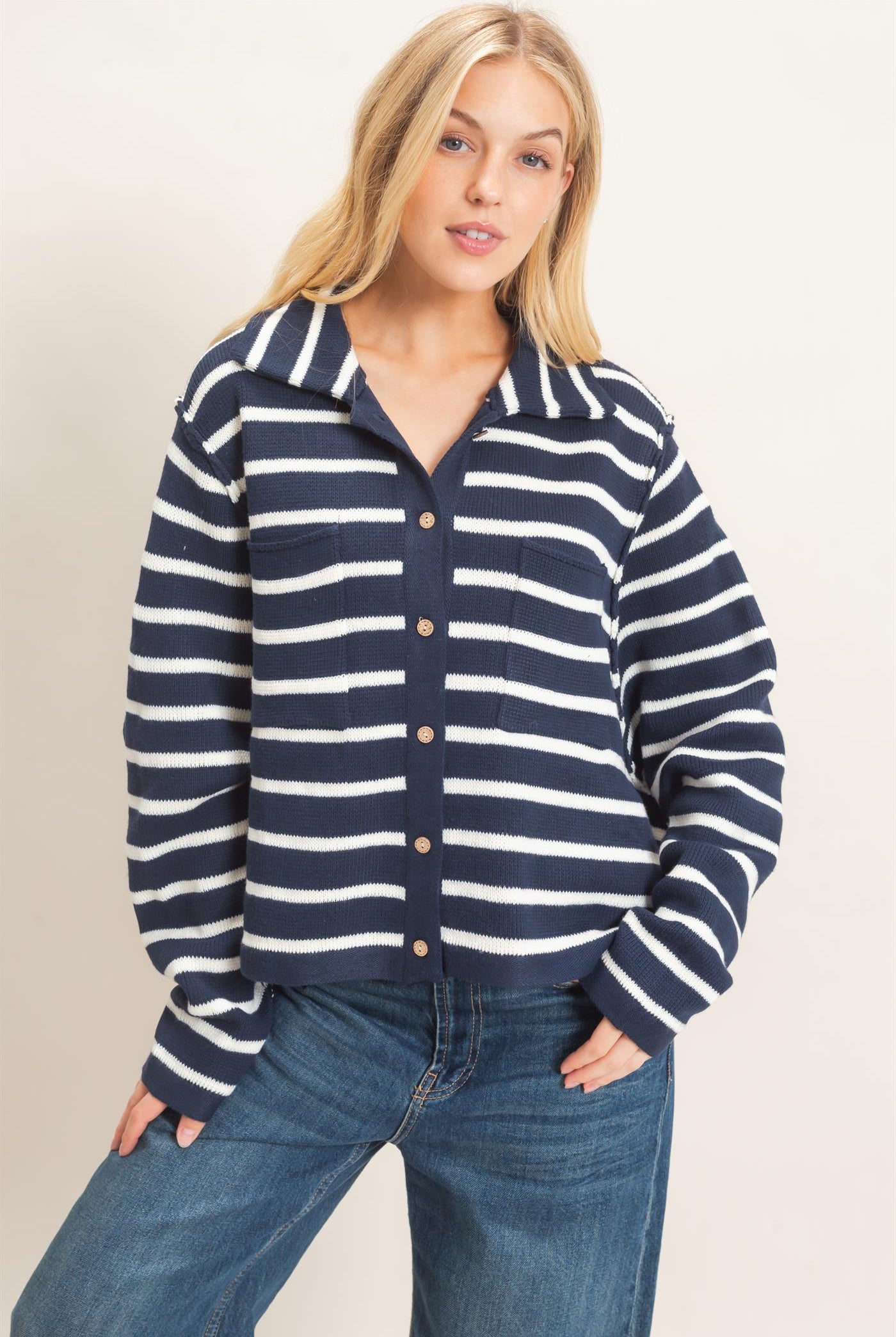 Wholesale Striped Button Front Cardigan Sweaters HF26F197 NAVY HYFVE