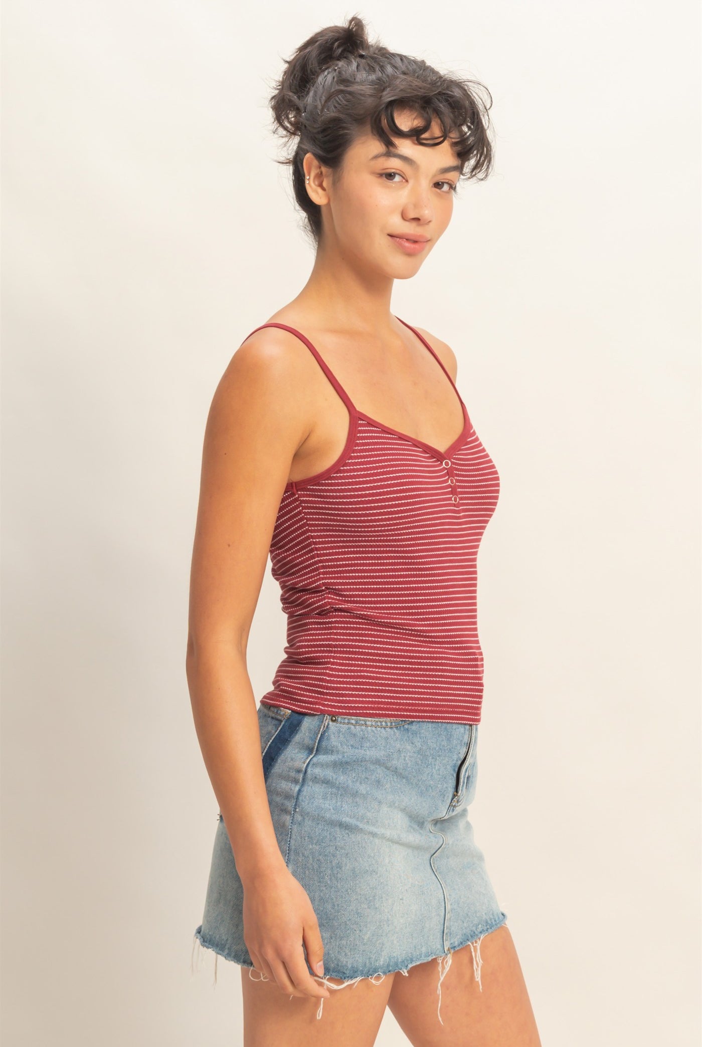 Wholesale Striped Snap-Button Henley Cami Top Camisoles DZ26A885 DARK RED DOUBLE ZERO