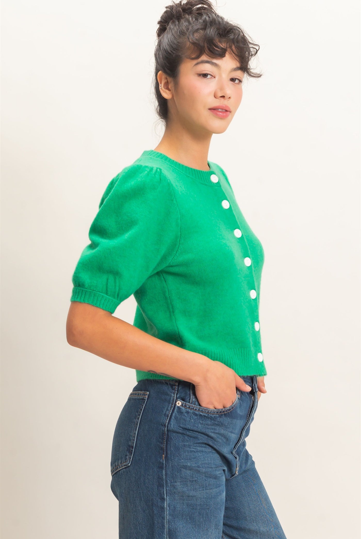 Wholesale Button Front Puff Short Sleeve Cardigan Cardigans DZ26C960 EMERALD DOUBLE ZERO