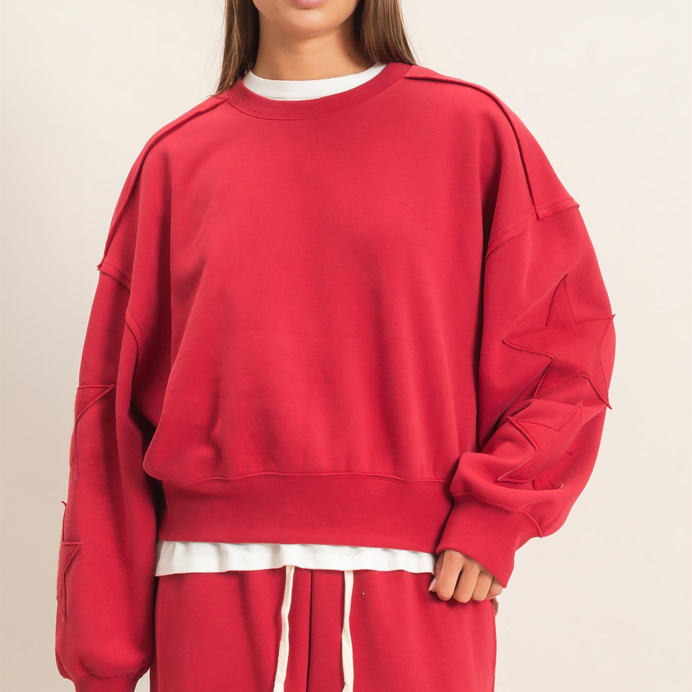 Wholesale Star Patch Sleeve Sweatshirt Sweatshirts DZ26E888 DARK RED DOUBLE ZERO