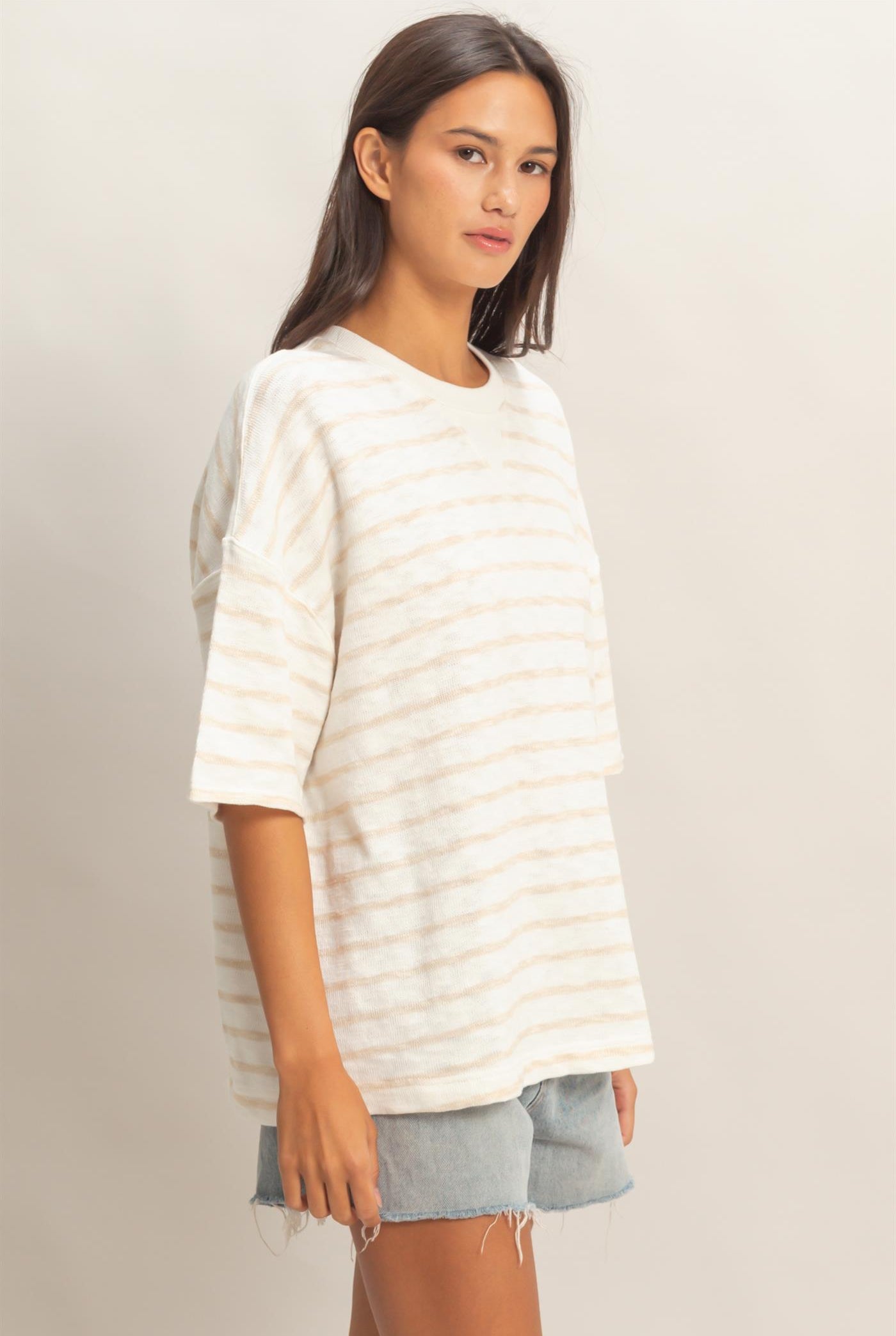 Wholesale Oversized Striped V-Stitch Short Sleeve Top Clothing Tops DZ26A455 TAUPE DOUBLE ZERO