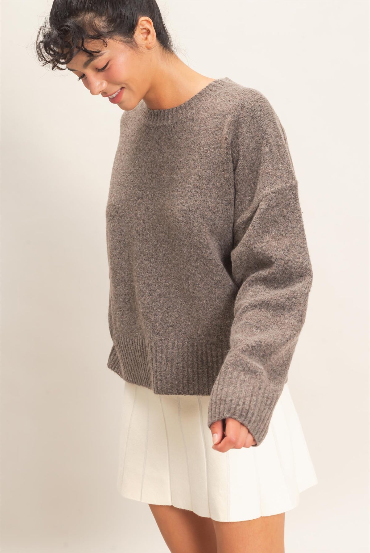 Wholesale Relaxed Fit Crew Neck Sweater Sweaters DZ26E956 ASH BROWN DOUBLE ZERO
