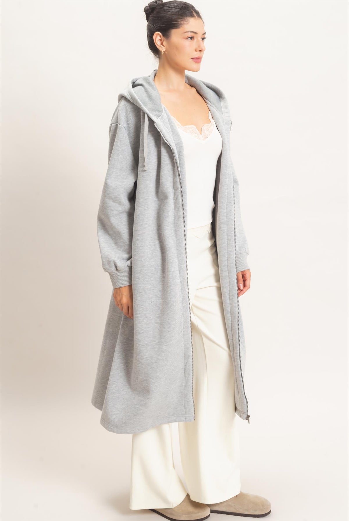 Wholesale Oversized Longline Zip-Up Hoodie Jacket Outerwear HF26E650 HEATHER GRAY HYFVE