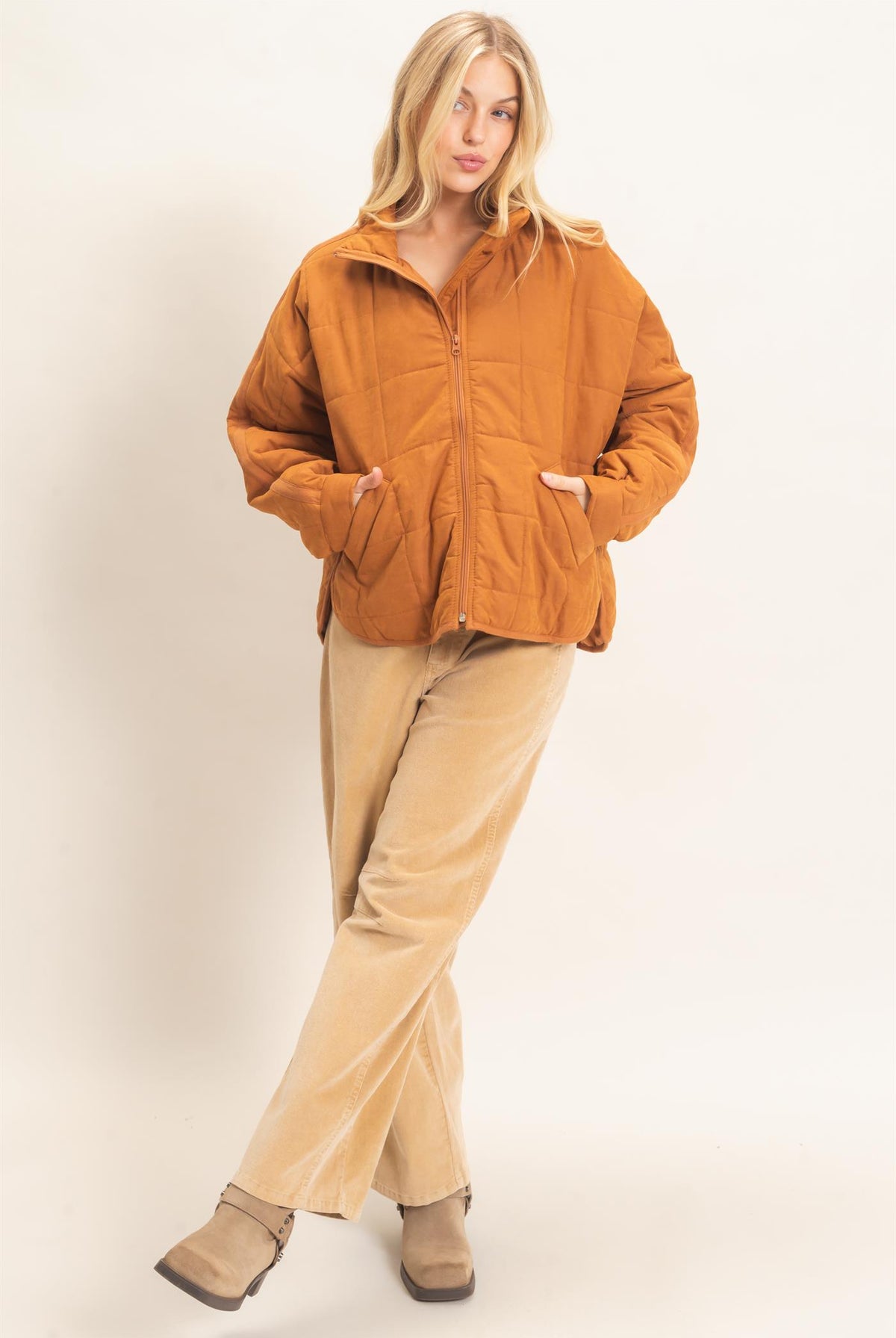 Wholesale Quilted High Collar Jacket Coats & Jackets HF26F167-D CAMEL HYFVE
