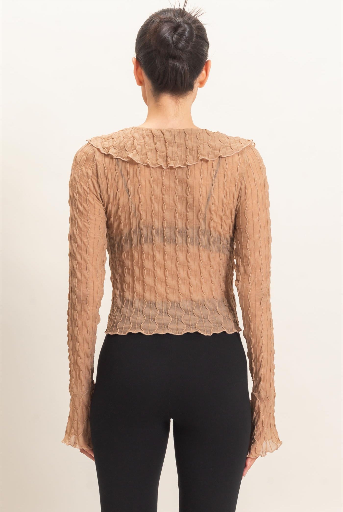 Wholesale Textured V-Neck Tie Front Top Blouses HF26F072 TAN HYFVE