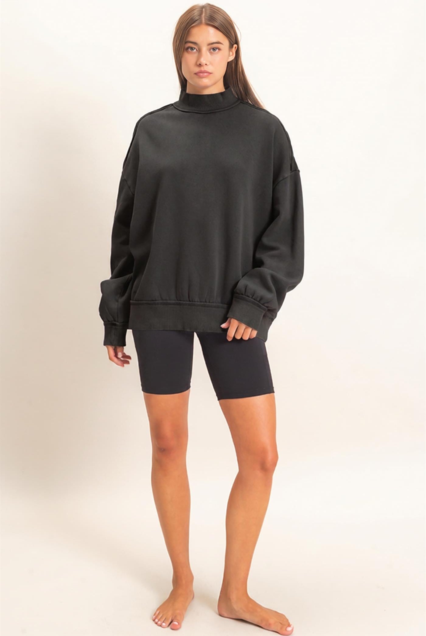 Wholesale Acid Washed Mock Neck Sweatshirt Sweatshirts DZ26E656 BLACK DOUBLE ZERO