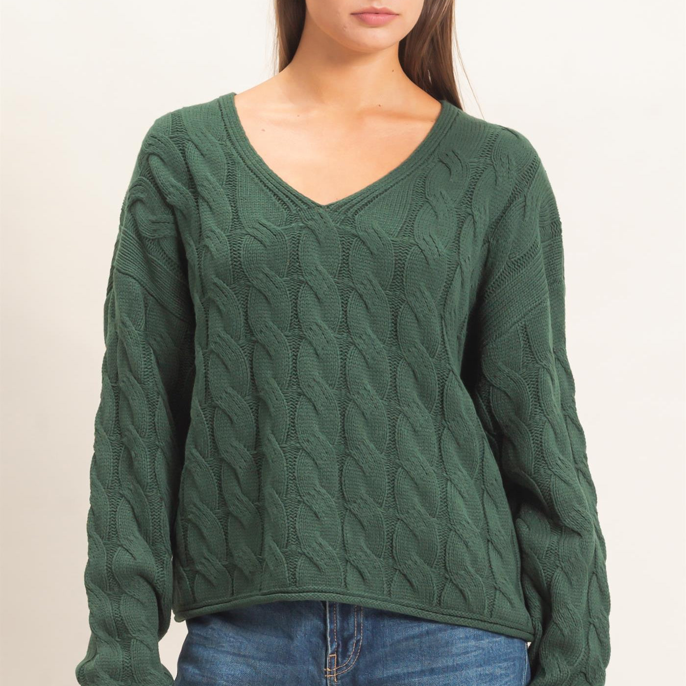 Wholesale Cable Knit V-Neck Sweater Sweaters DZ26E087 DARK GREEN DOUBLE ZERO