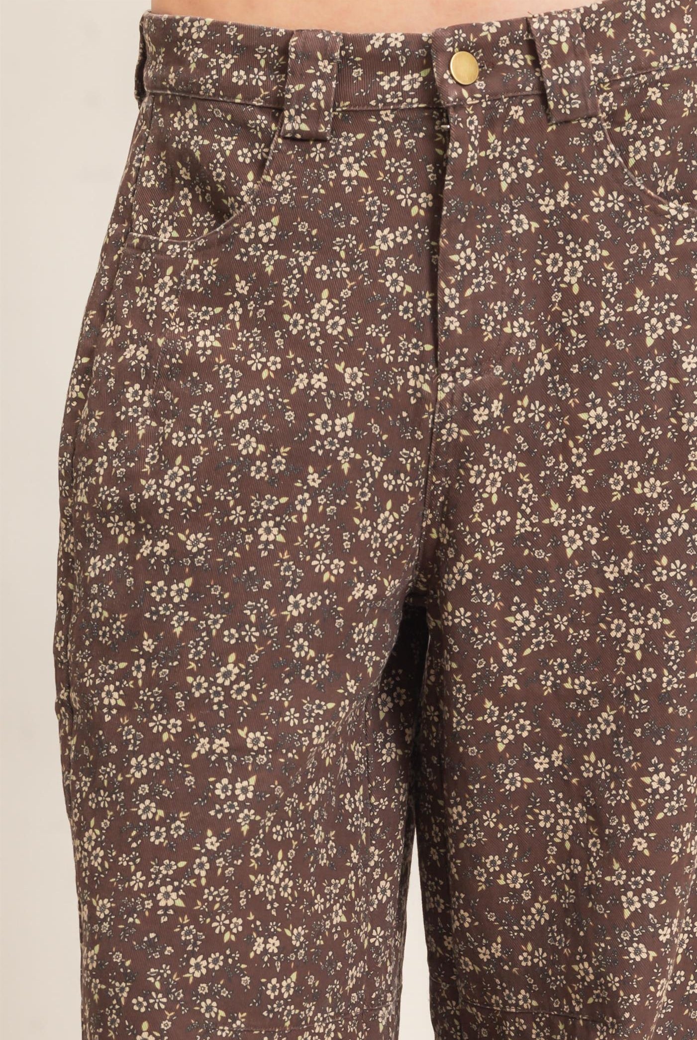 Wholesale Floral Print Garment Wash Barrel Pants Pants HF26C840 CHESTNUT HYFVE