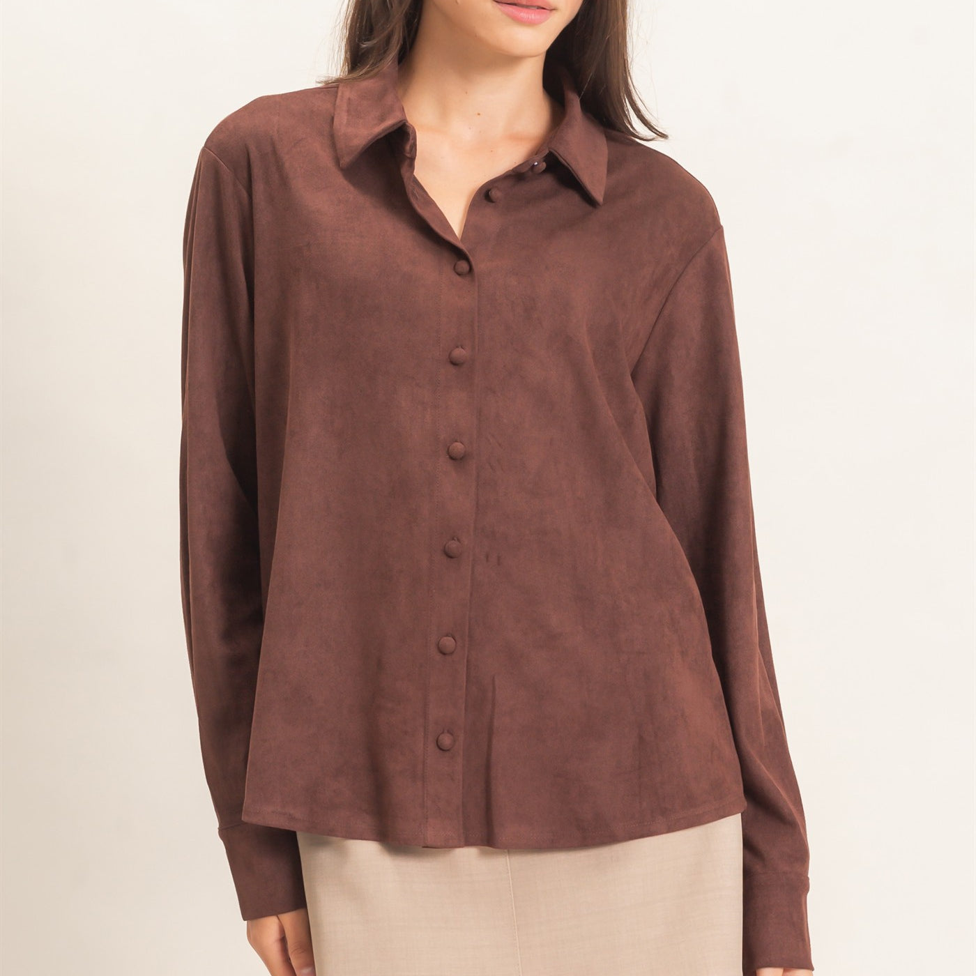 Wholesale Suede Button-Up Shirt Shirts HF26F083 CHESTNUT HYFVE