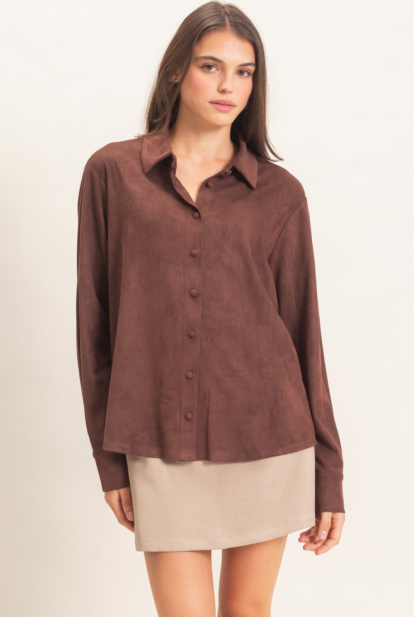 Wholesale Suede Button-Up Shirt Shirts HF26F083 CHESTNUT HYFVE