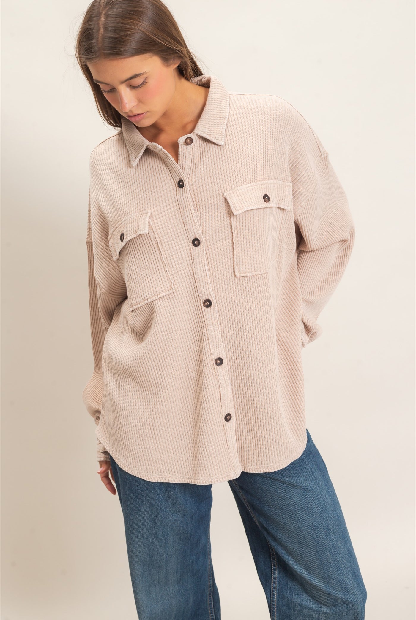 Wholesale Mineral Wash Waffle Knit Button-Up Shacket Coats & Jackets DZ26E249 DARK TAUPE DOUBLE ZERO