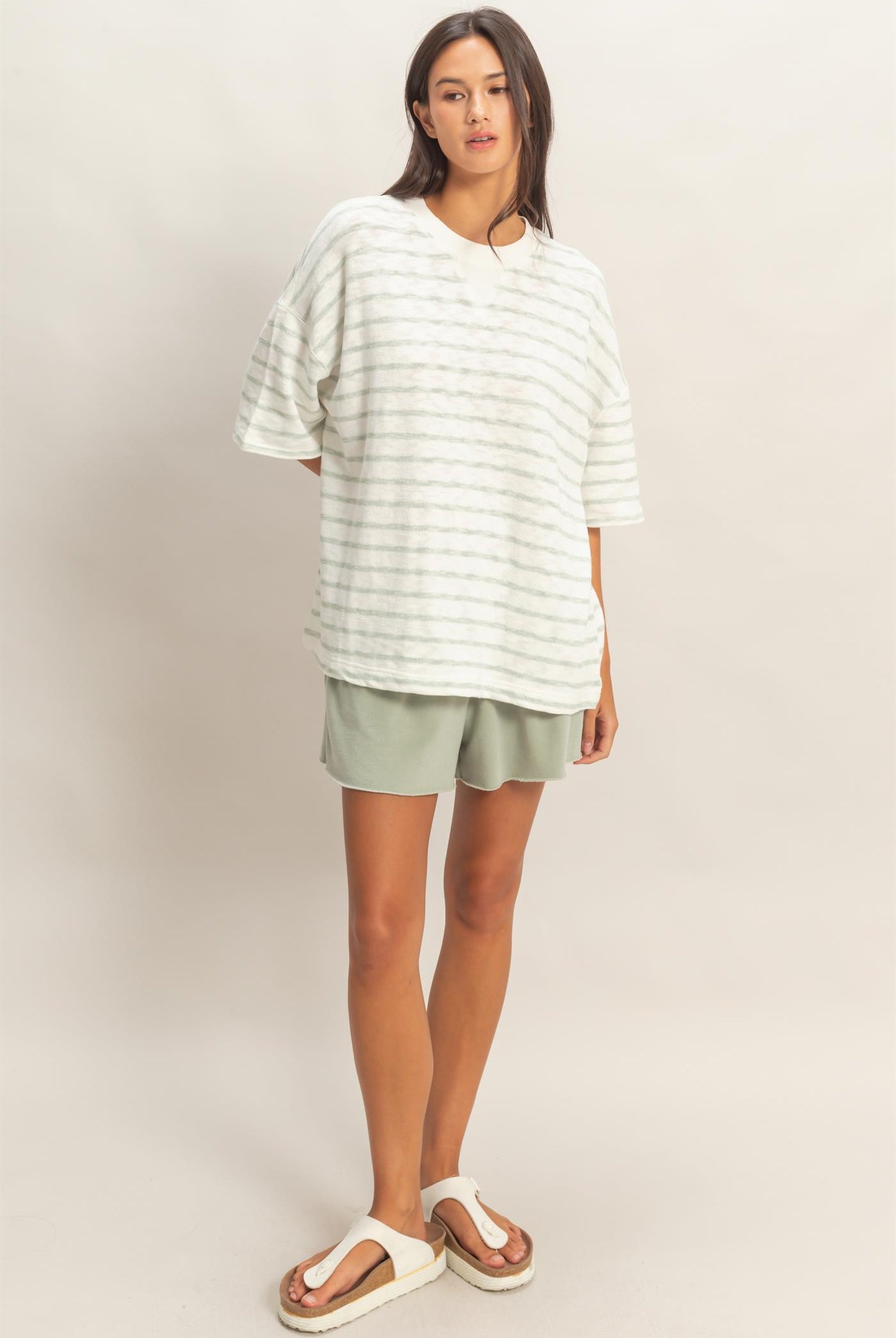 Wholesale Oversized Striped V-Stitch Short Sleeve Top Clothing Tops DZ26A455 SAGE GREEN DOUBLE ZERO