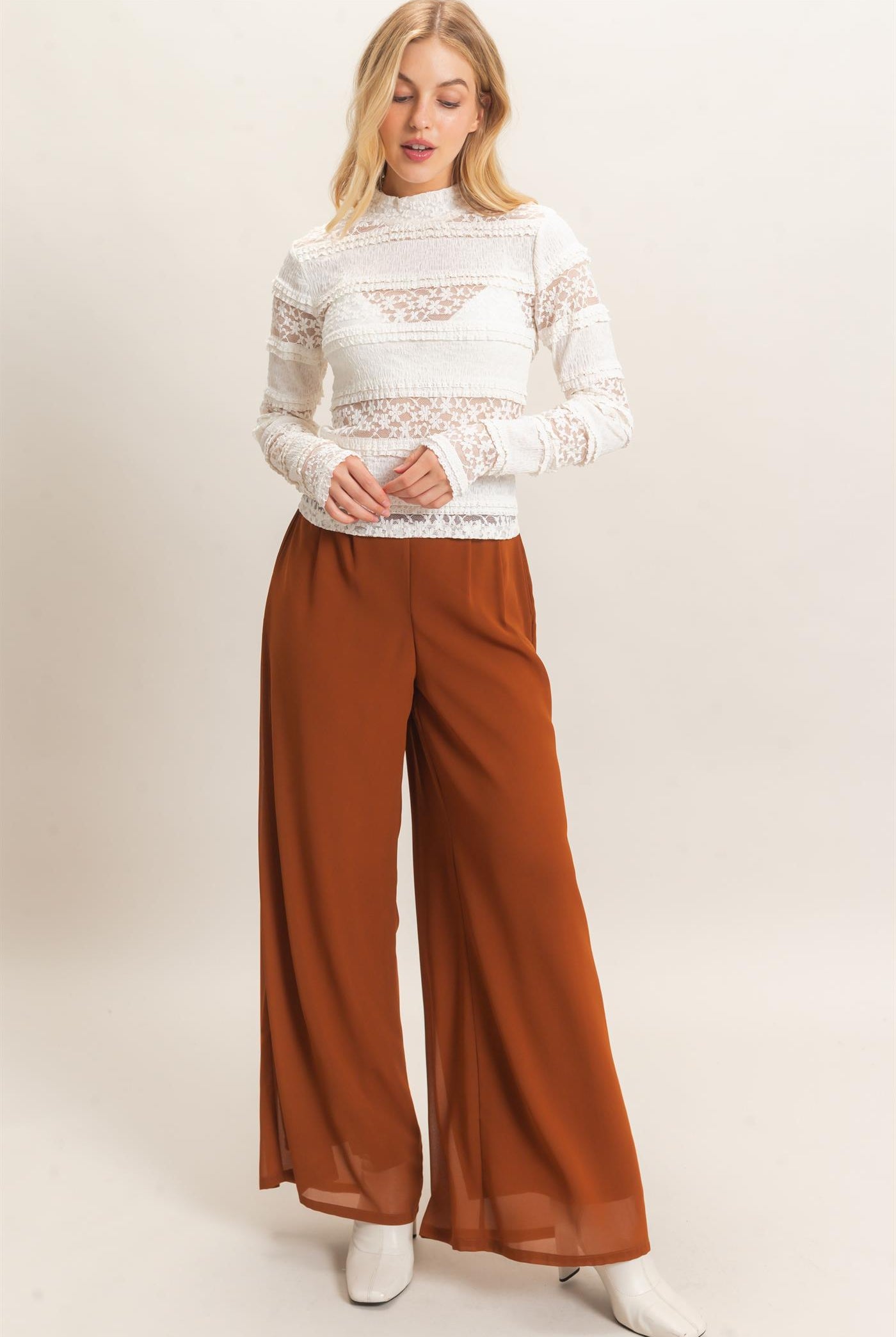 Wholesale Textured Lace High Neck Top Clothing Tops HF26C769 IVORY HYFVE