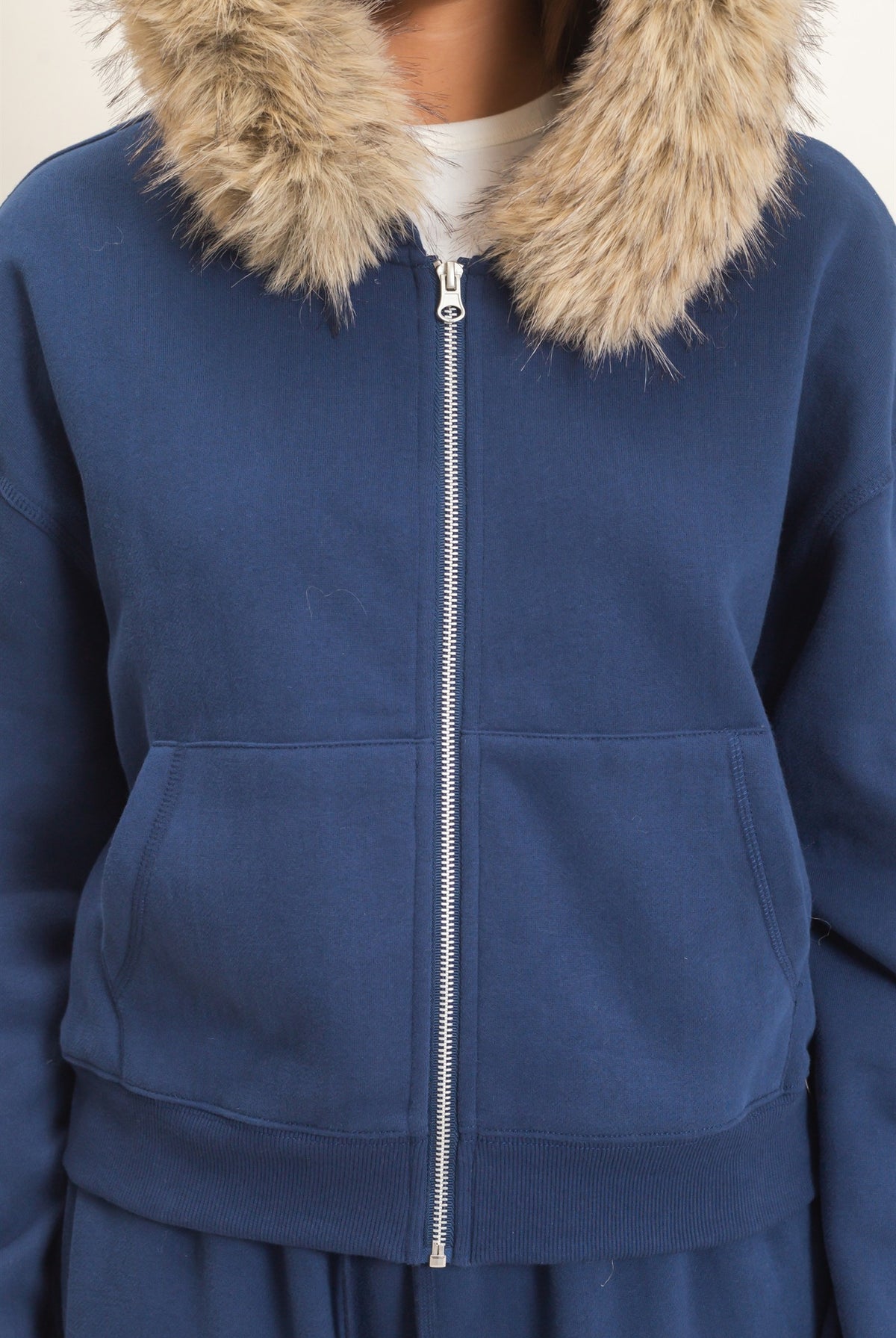 Wholesale Detachable Fur Zip Up Hoodie Hoodies DZ26F396 NAVY DOUBLE ZERO