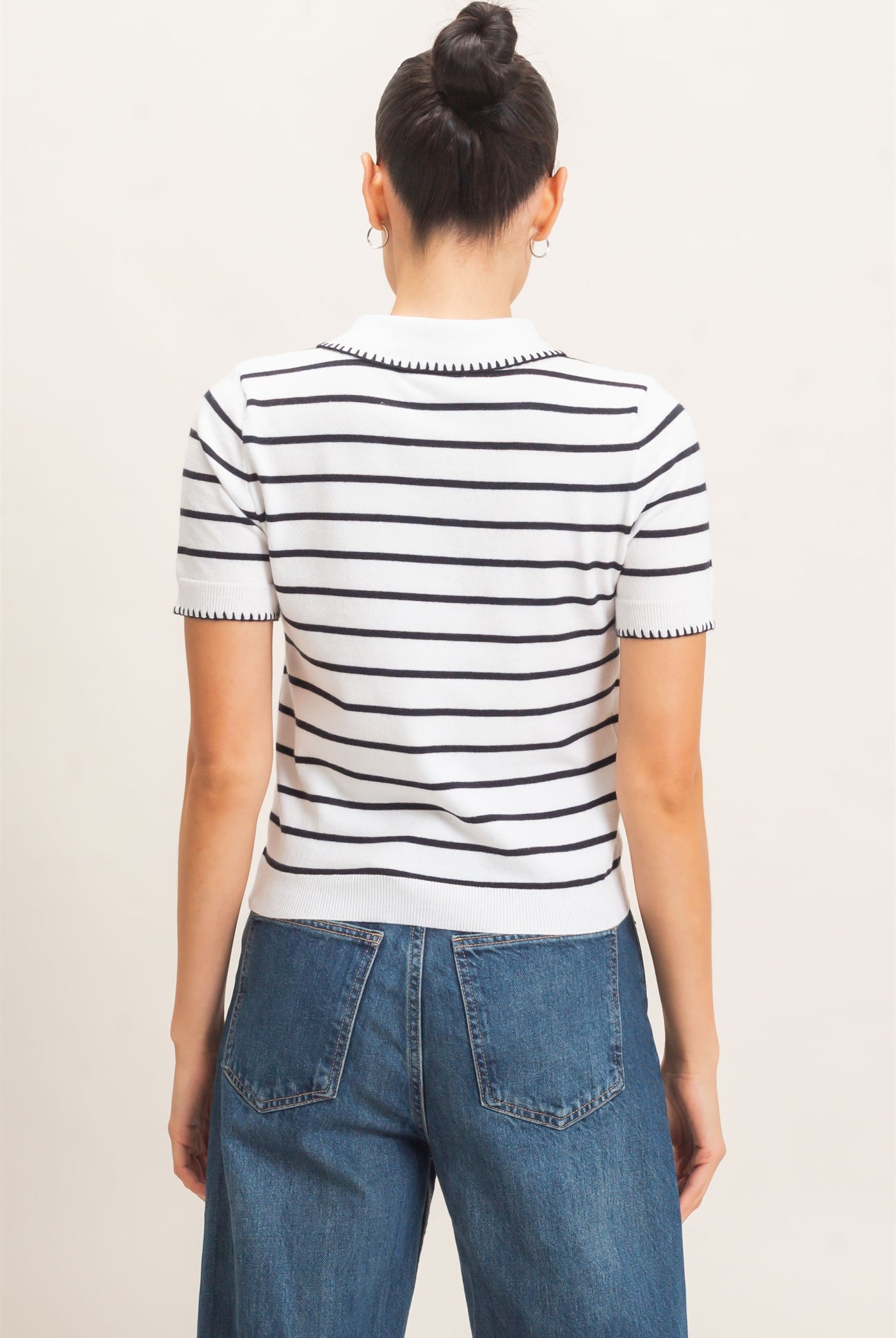 Wholesale Striped Polo Collar Sweater Sweaters HF26E233 WHITE HYFVE