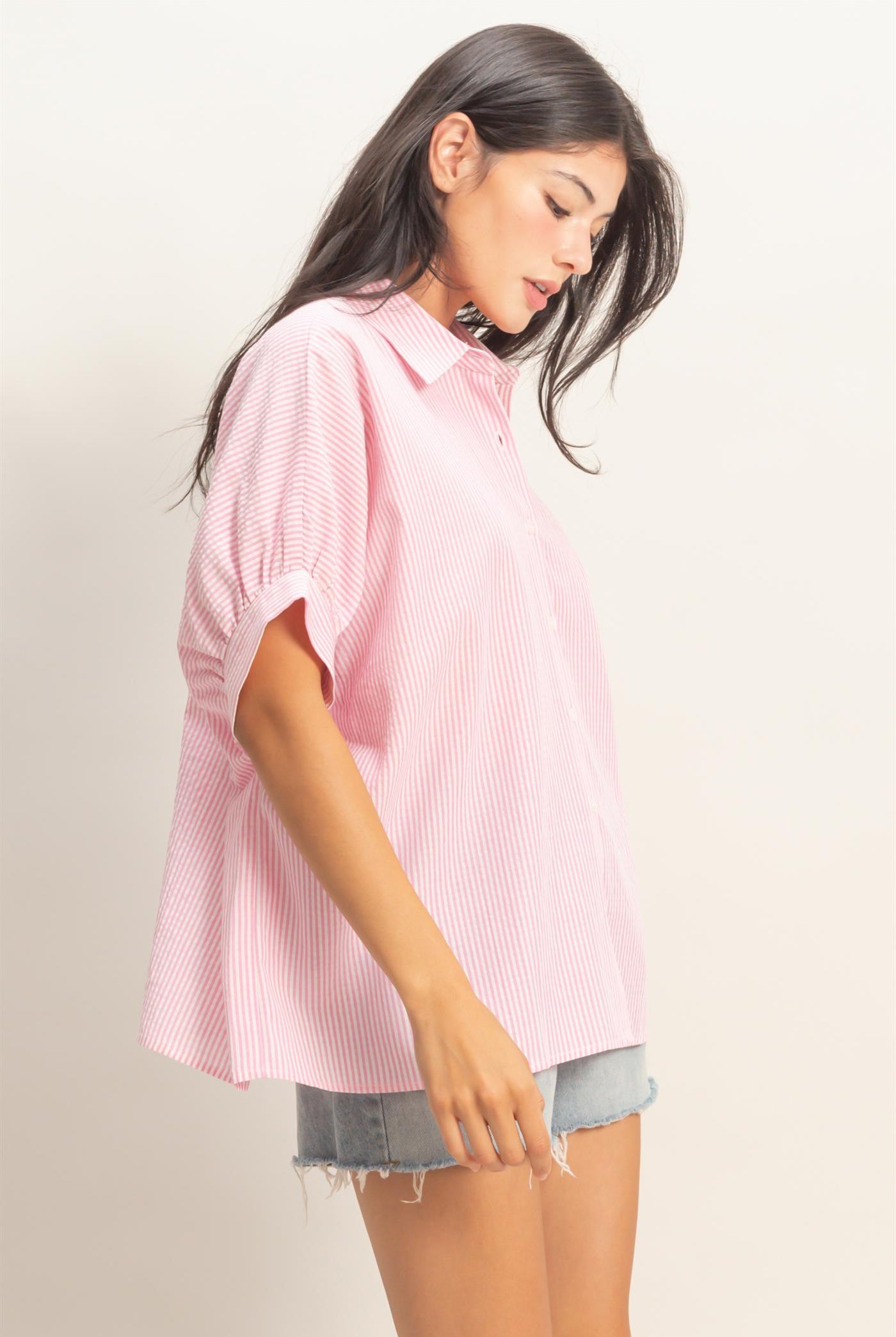 Wholesale Striped Short Sleeve Button-Front Blouse T-Shirts DZ26C276 PINK DOUBLE ZERO