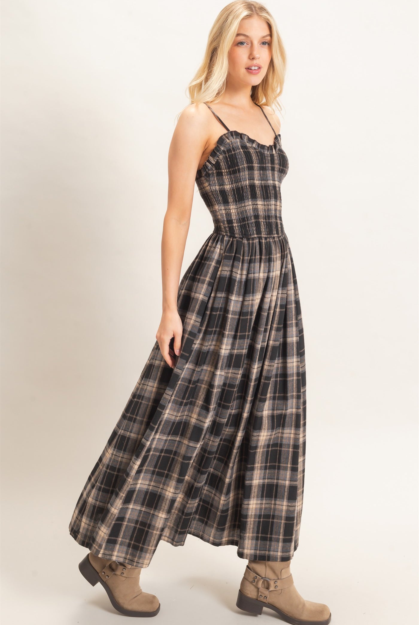 Wholesale Plaid Smocked Maxi Dress Dresses HF26C898 BLACK HYFVE