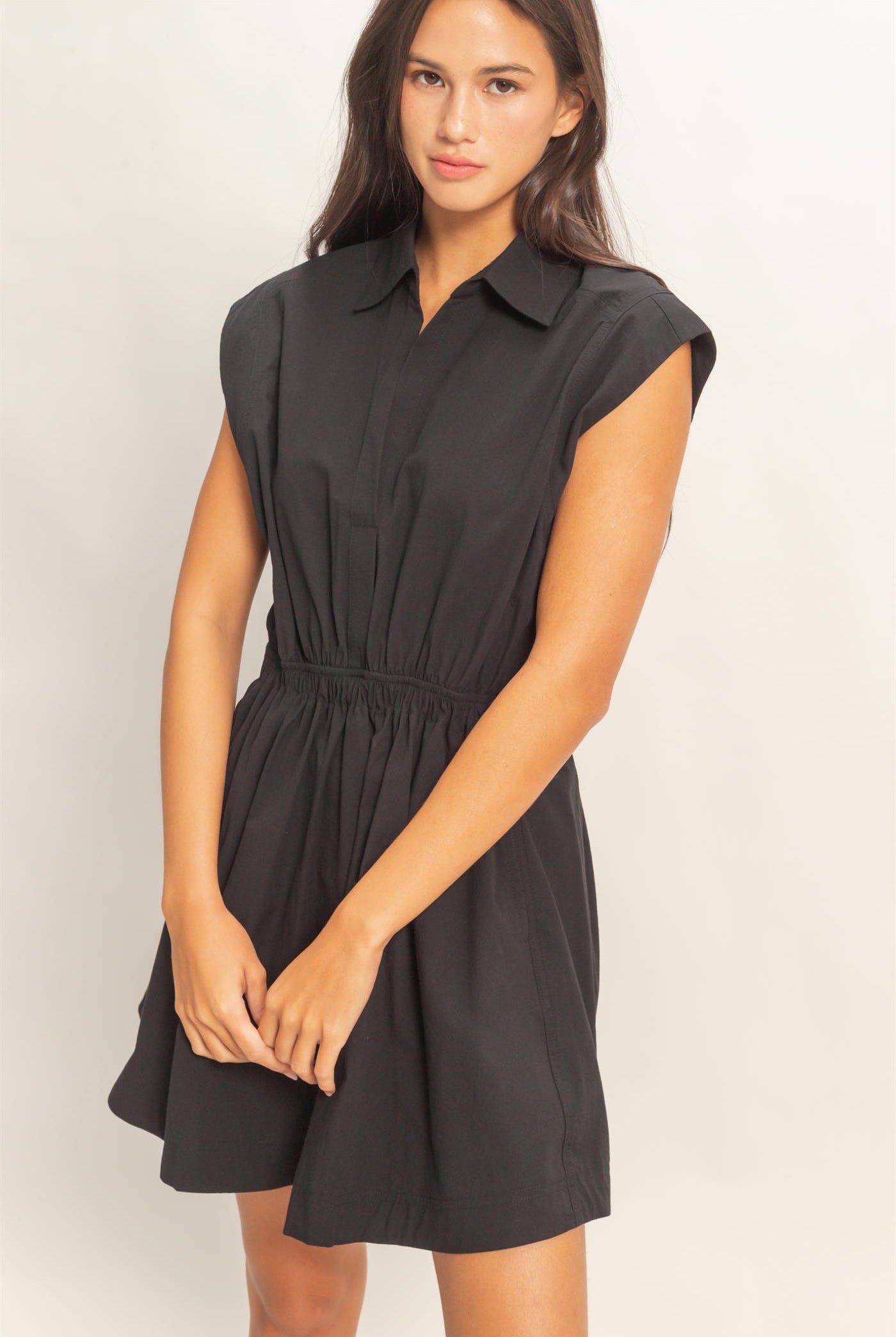 Wholesale Sleeveless Collared Shirred Mini Dress Dresses DZ26A751 BLACK DOUBLE ZERO