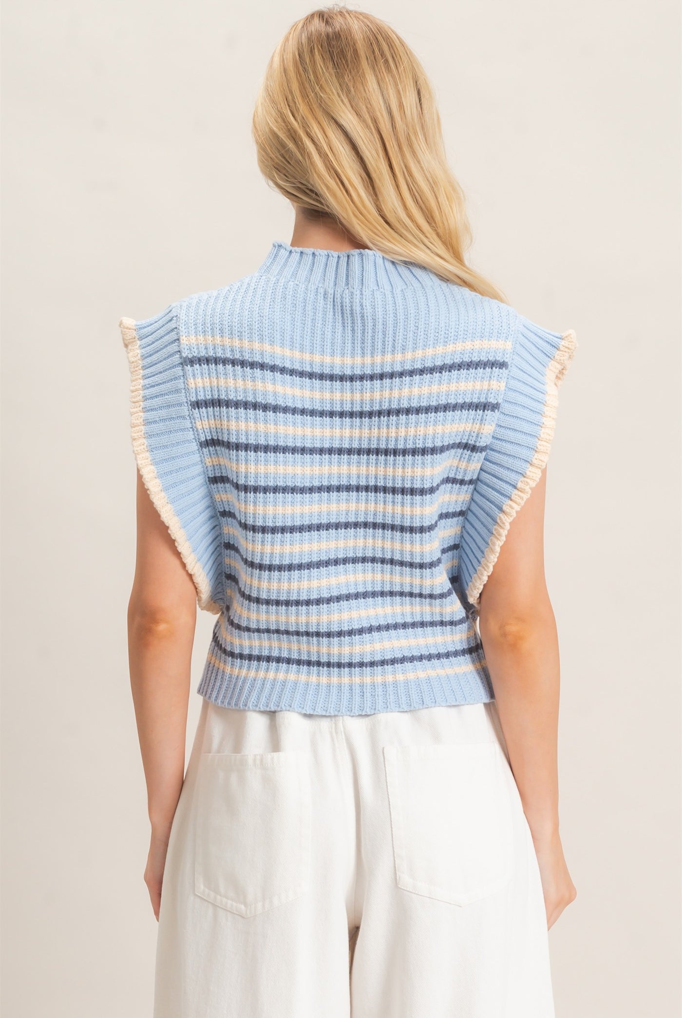 Wholesale Ribbed Ruffle Sleeve Sweater Sweaters HF26F182 L.BLUE HYFVE