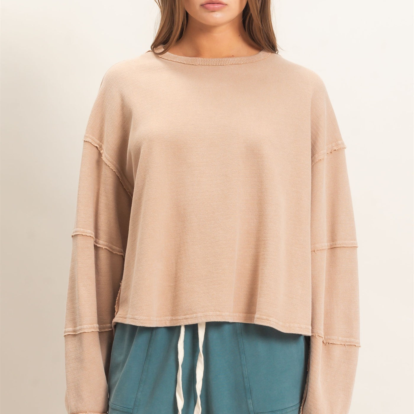 Wholesale Mineral Wash Overzised Raw Edge Crew Neck Top Clothing Tops DZ26E449 DARK TAUPE DOUBLE ZERO