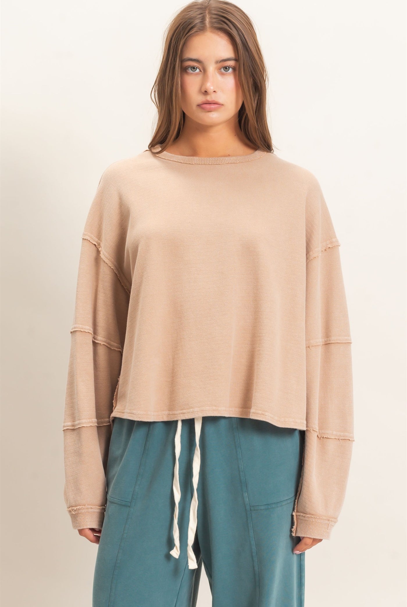Wholesale Mineral Wash Overzised Raw Edge Crew Neck Top Clothing Tops DZ26E449 DARK TAUPE DOUBLE ZERO