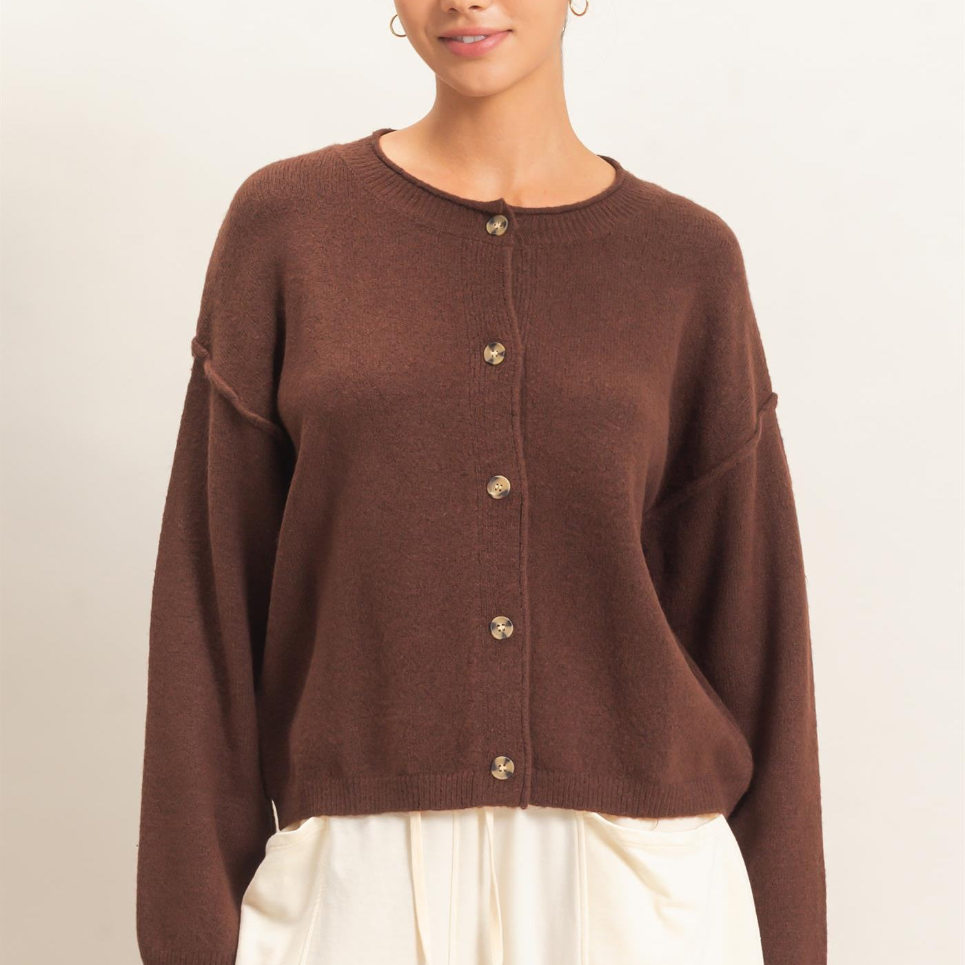 Wholesale Crew Neck Loose Fit Cardigan Cardigans DZ26E269 DARK BROWN DOUBLE ZERO