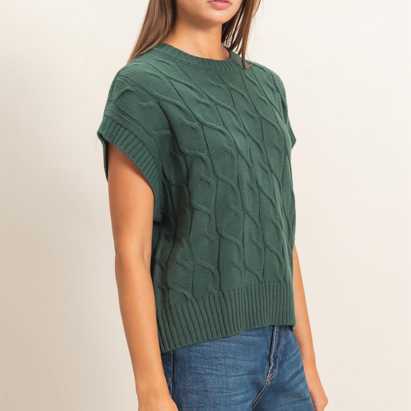 Wholesale Cable Knit Cap Sleeve Sweater Sweaters DZ26C974 DARK GREEN DOUBLE ZERO