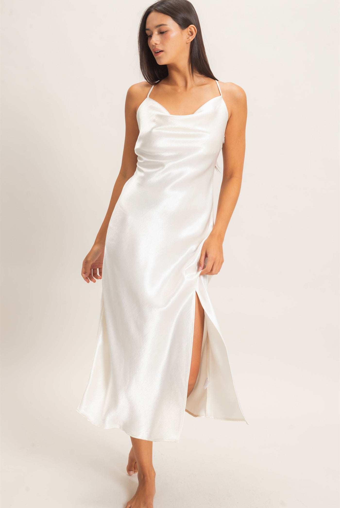 Wholesale Cowl Neck Satin Slip Dress Dresses DZ26E251 CREAM DOUBLE ZERO